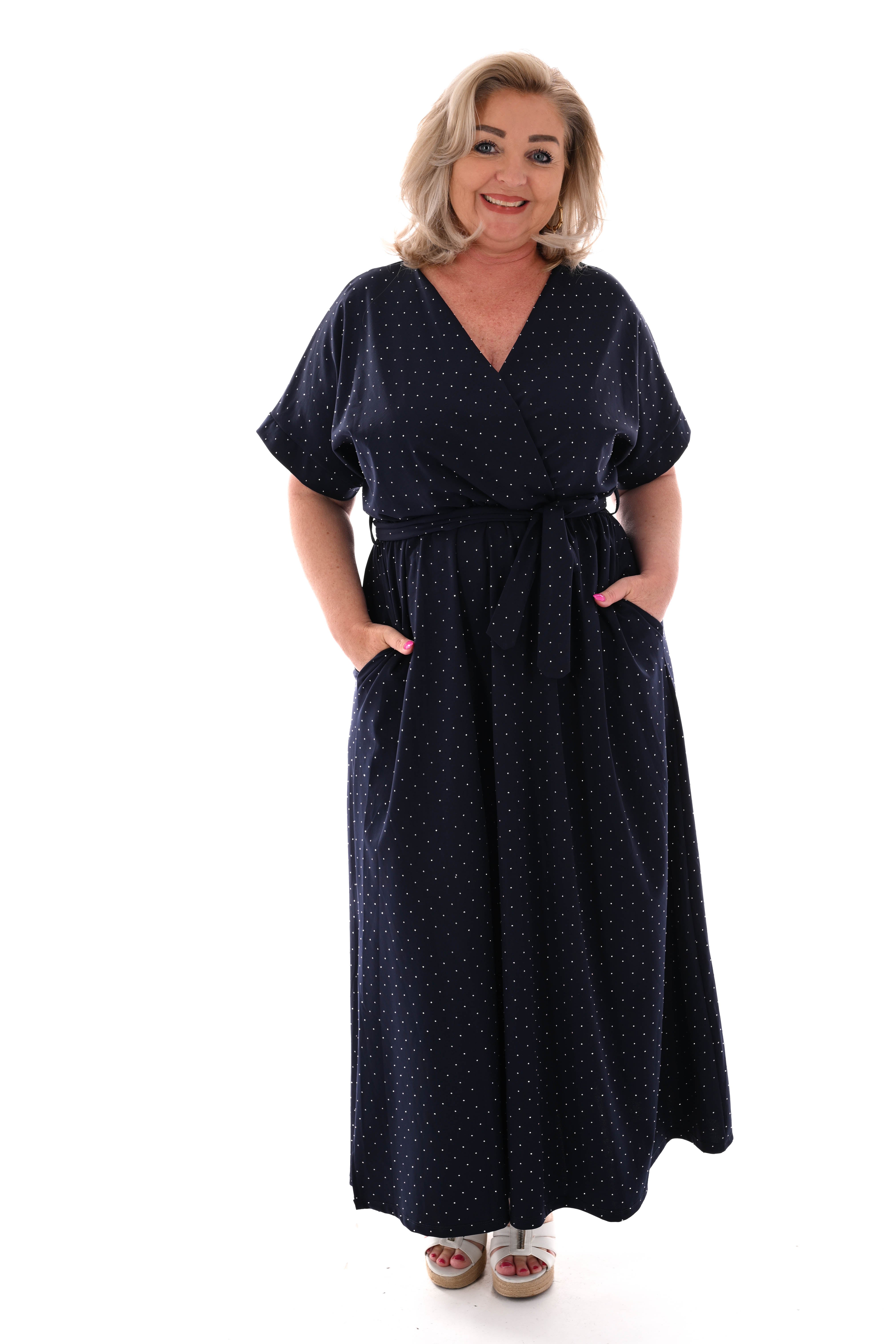 Maxi jurk overslag strass marineblauw