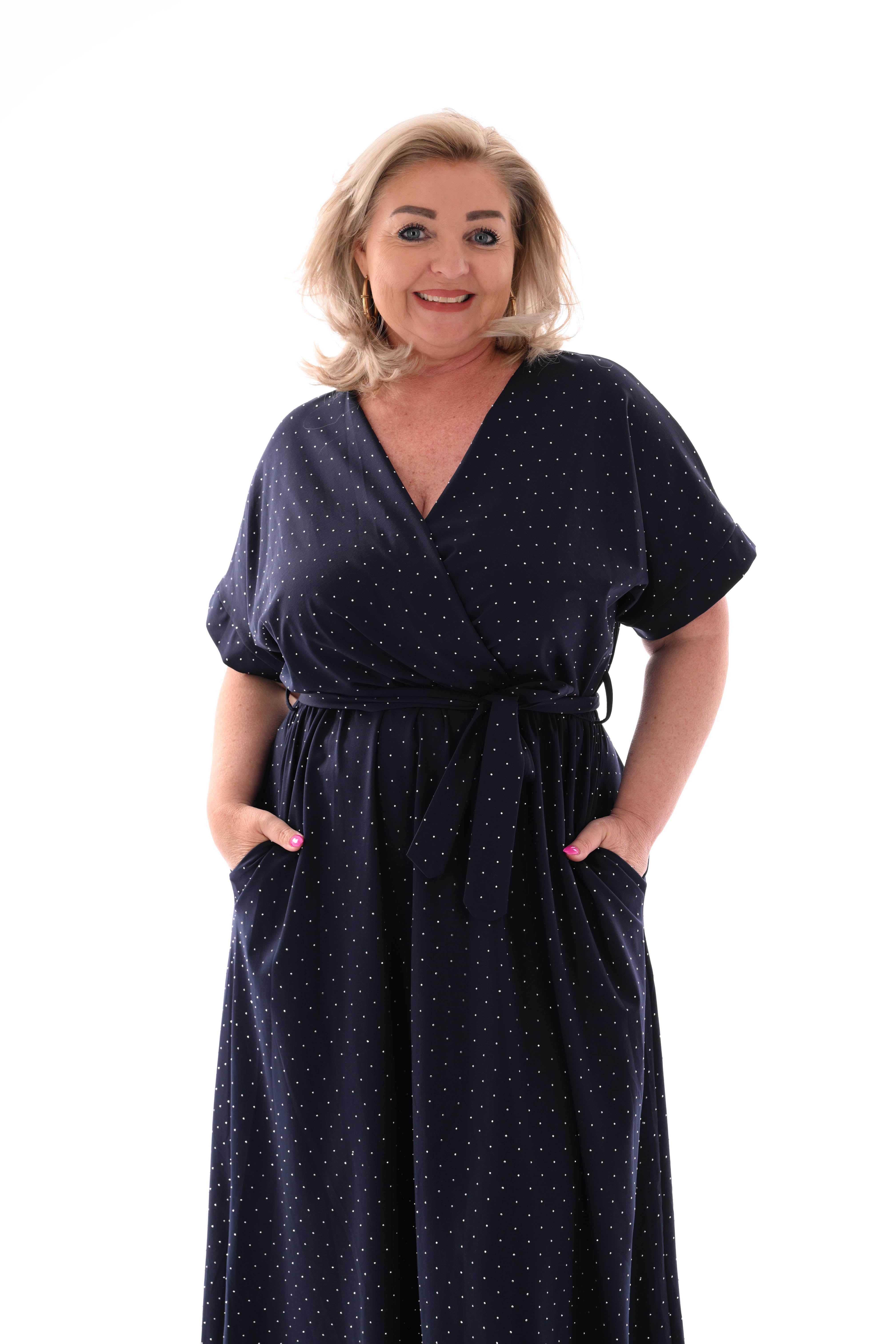 Maxi jurk overslag strass marineblauw