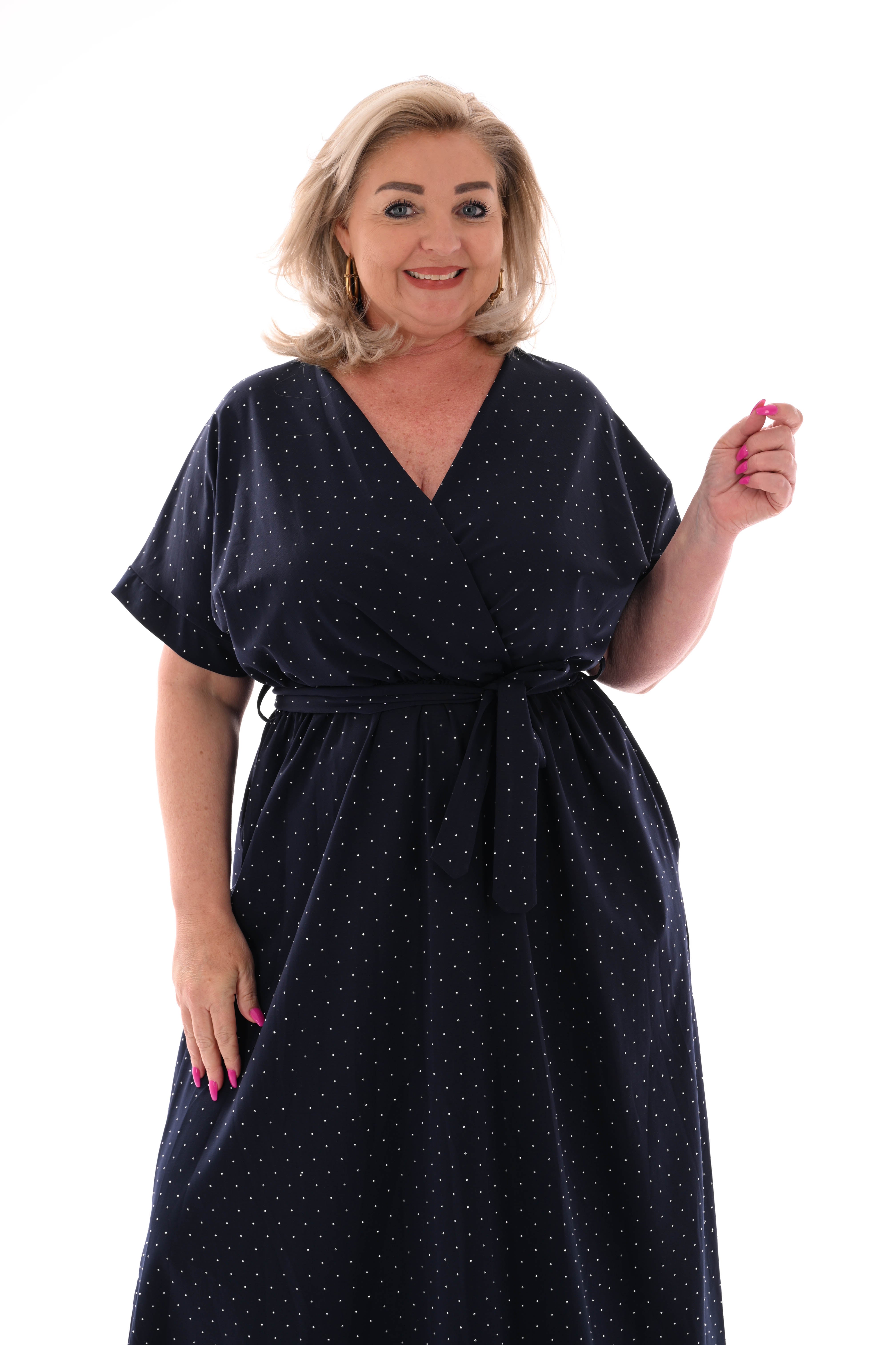 Maxi jurk overslag strass marineblauw