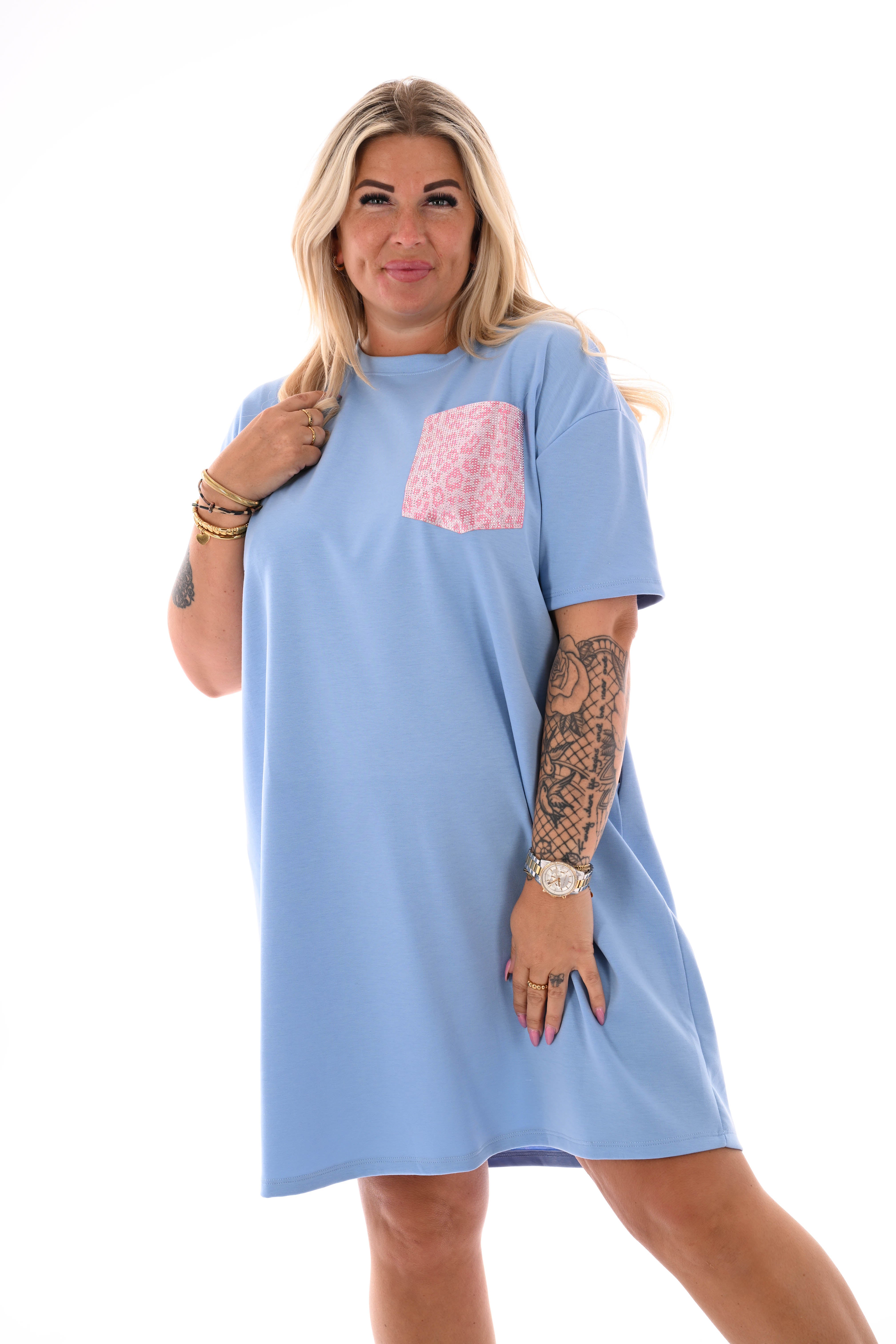 T-shirt dress panterprint borstzak strass lichtblauw