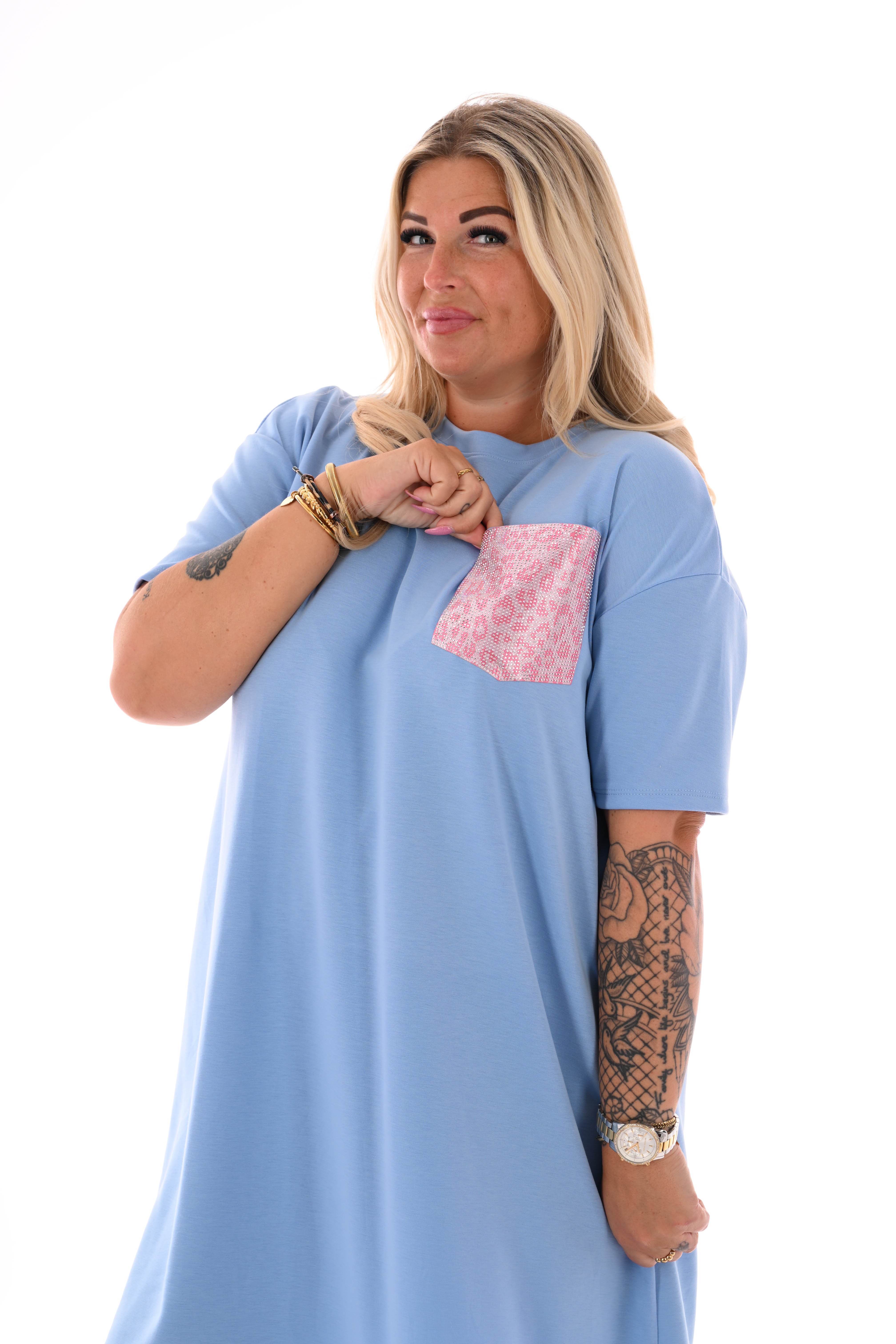 T-shirt dress panterprint borstzak strass lichtblauw
