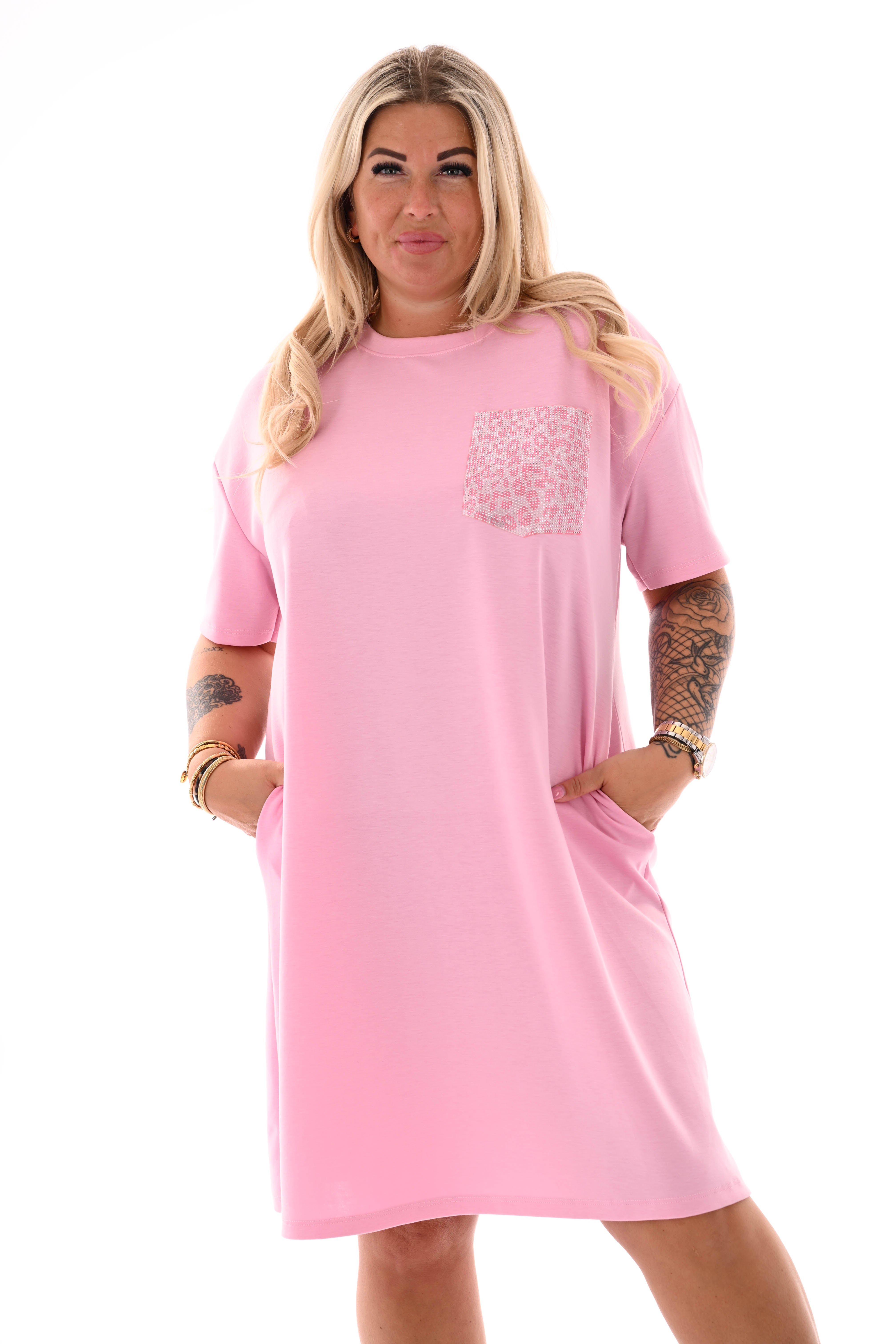 T-shirt dress panterprint borstzak strass lichtroze