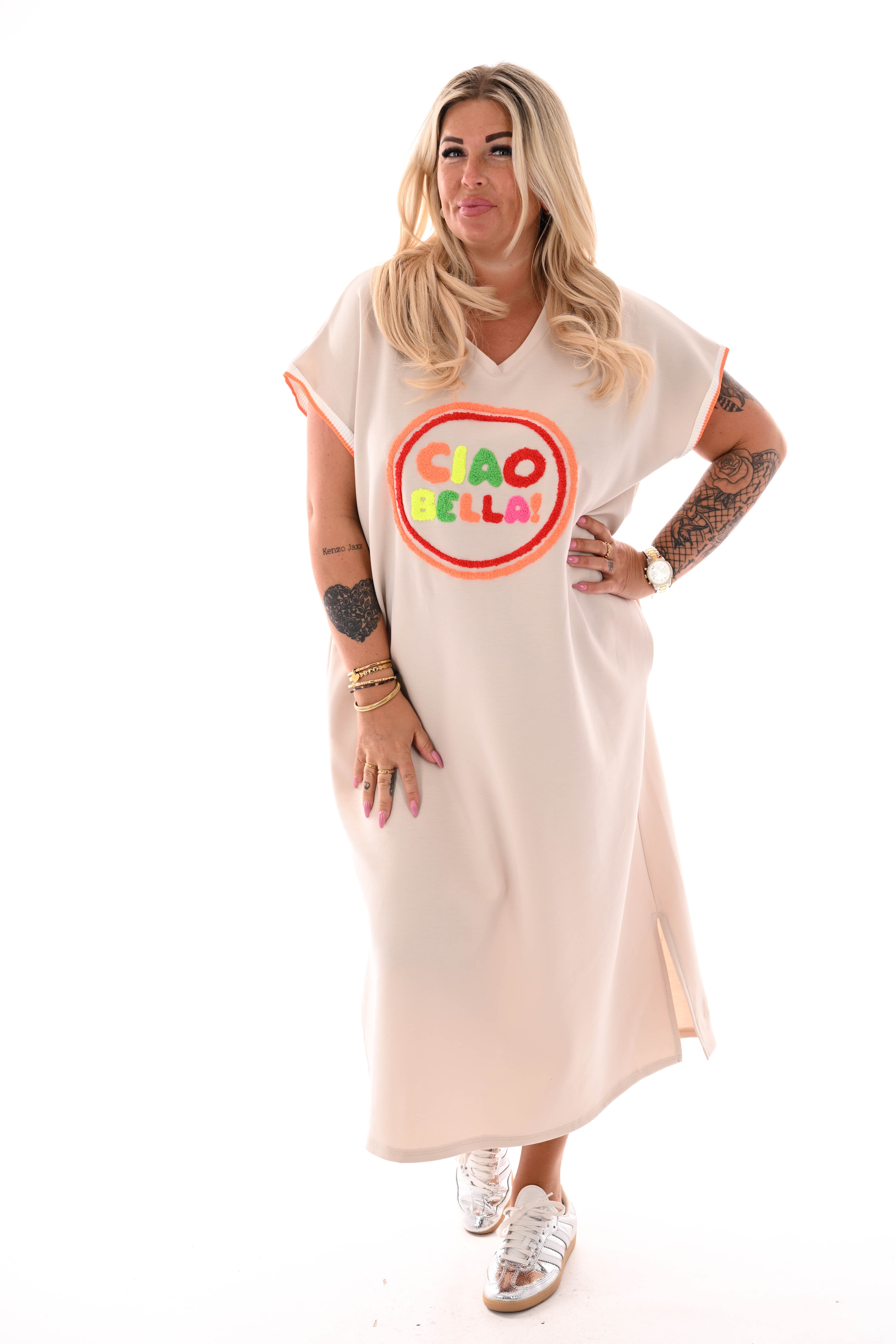 Lange sweaterdress v-hals Ciao Bella beige