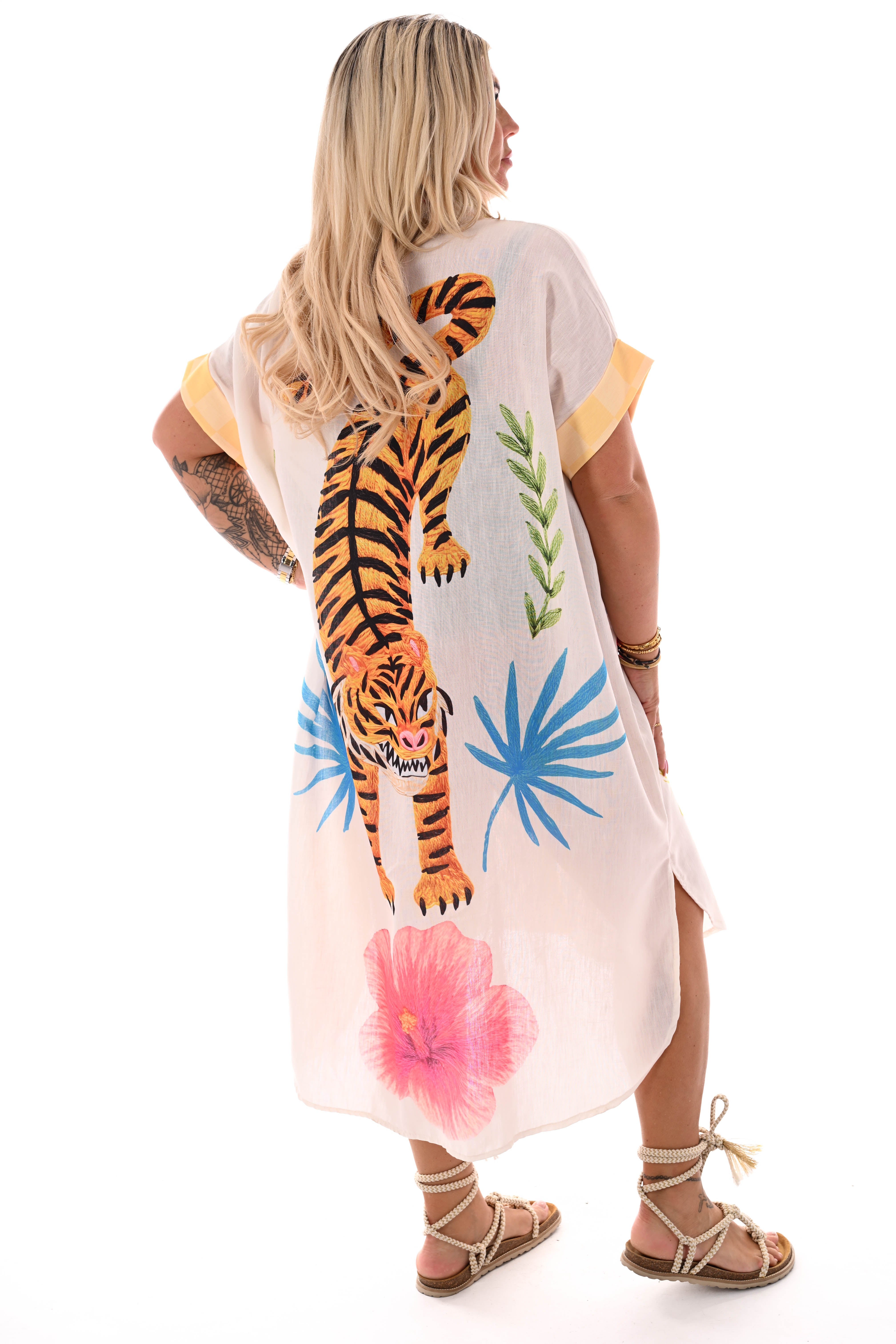 Lange blouse jurk mixed print peace/tijger koraal