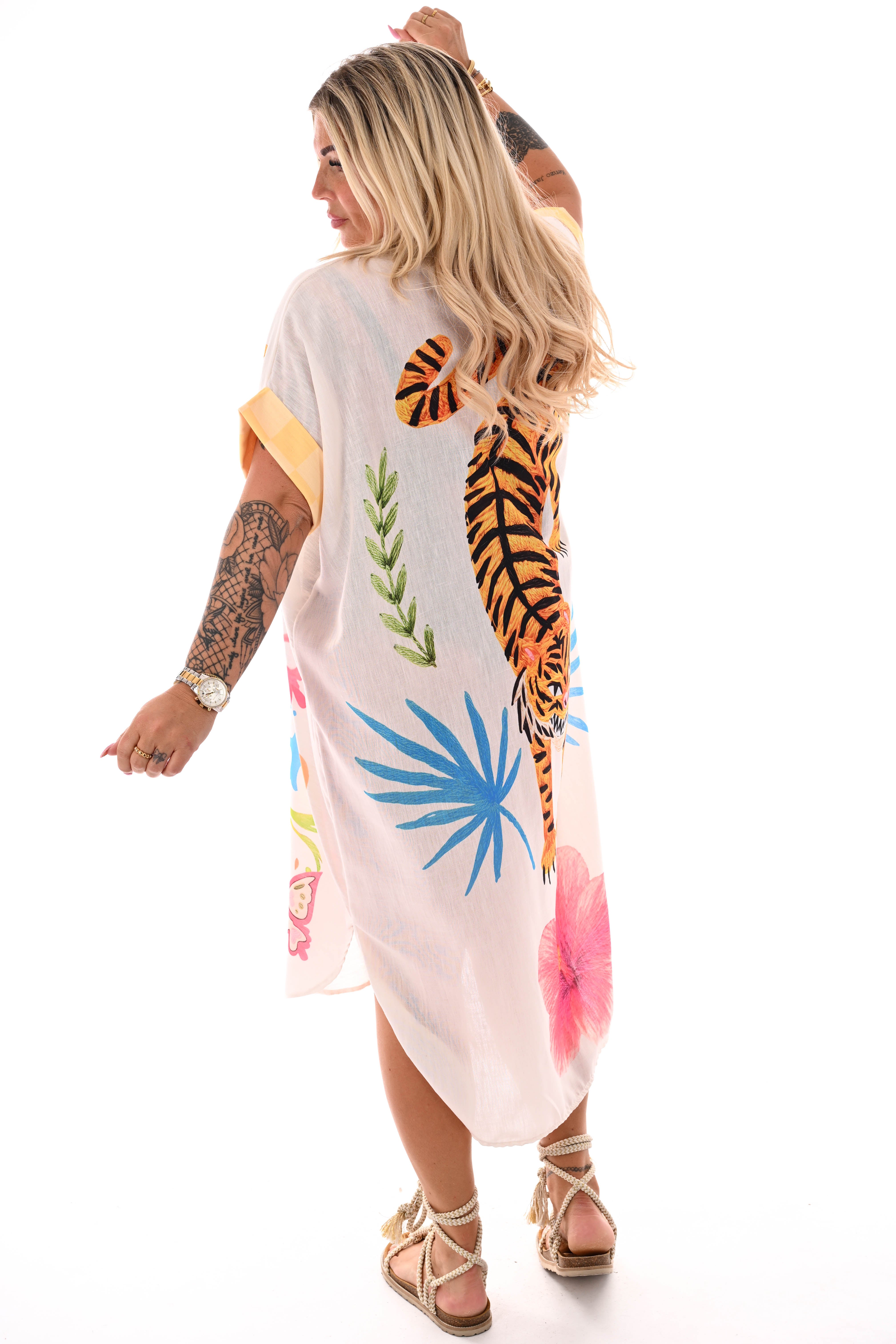 Lange blouse jurk mixed print peace/tijger koraal