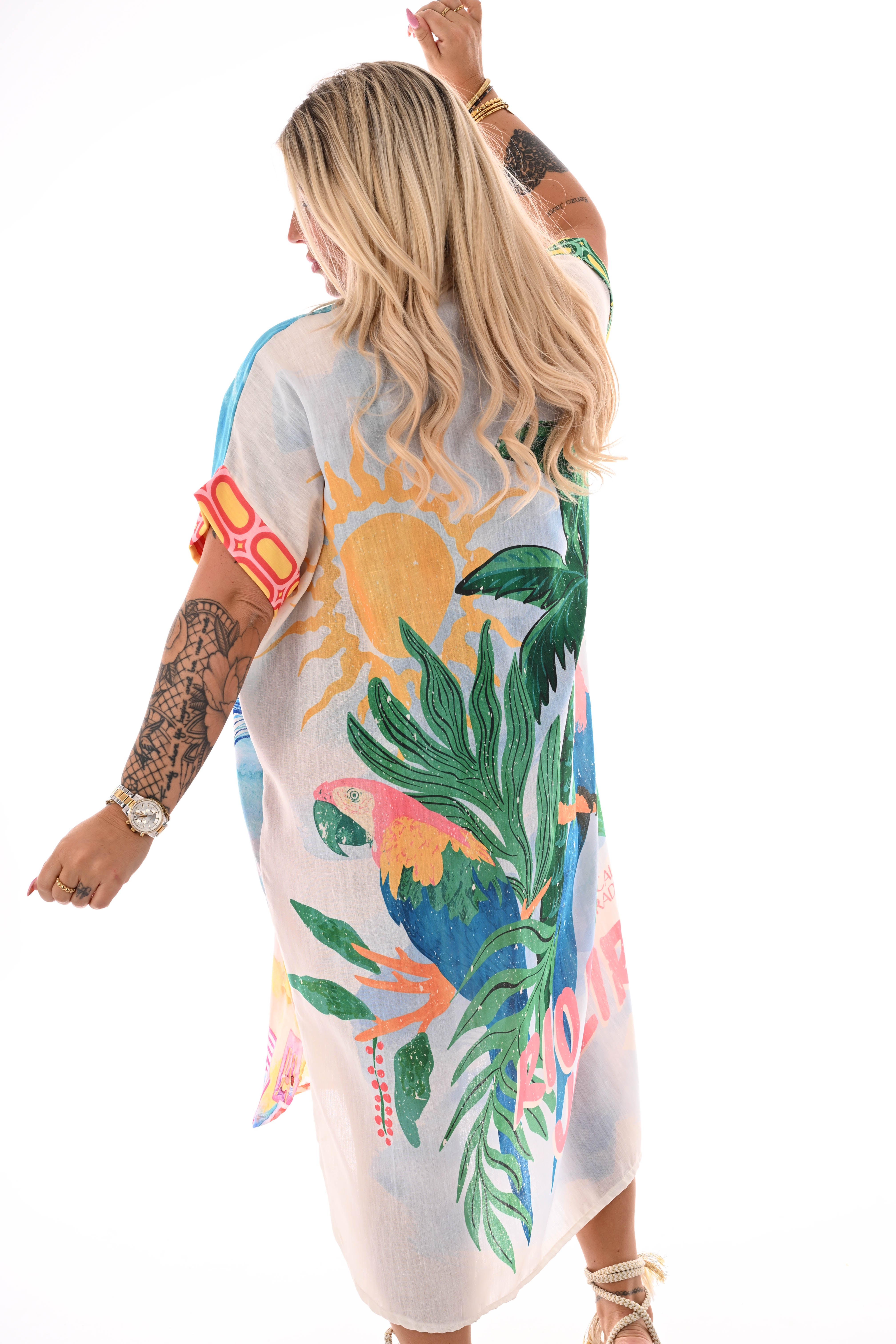 Lange blouse jurk mixed print strand blauw