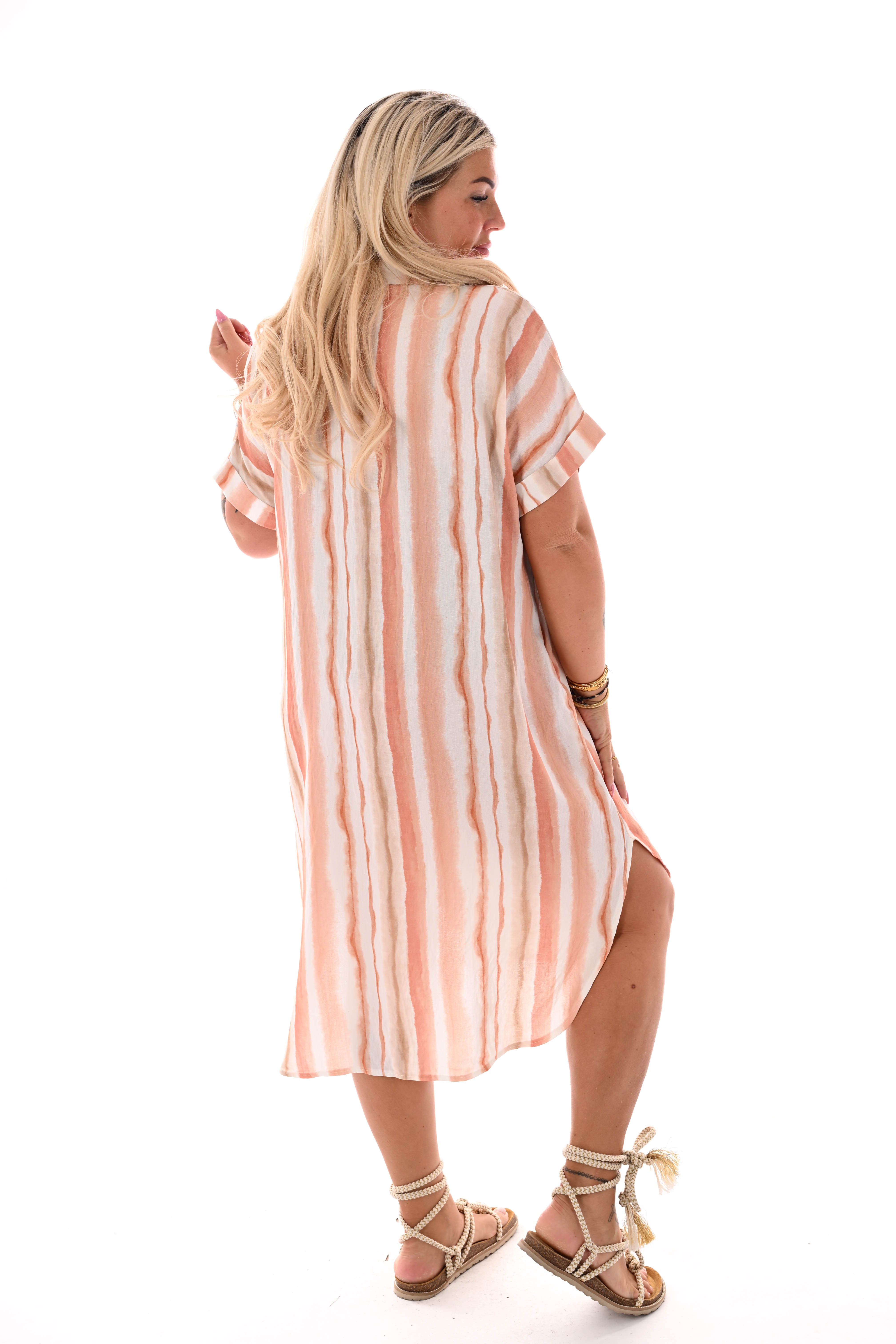 Lange jurk v-hals strepen met zakken peach