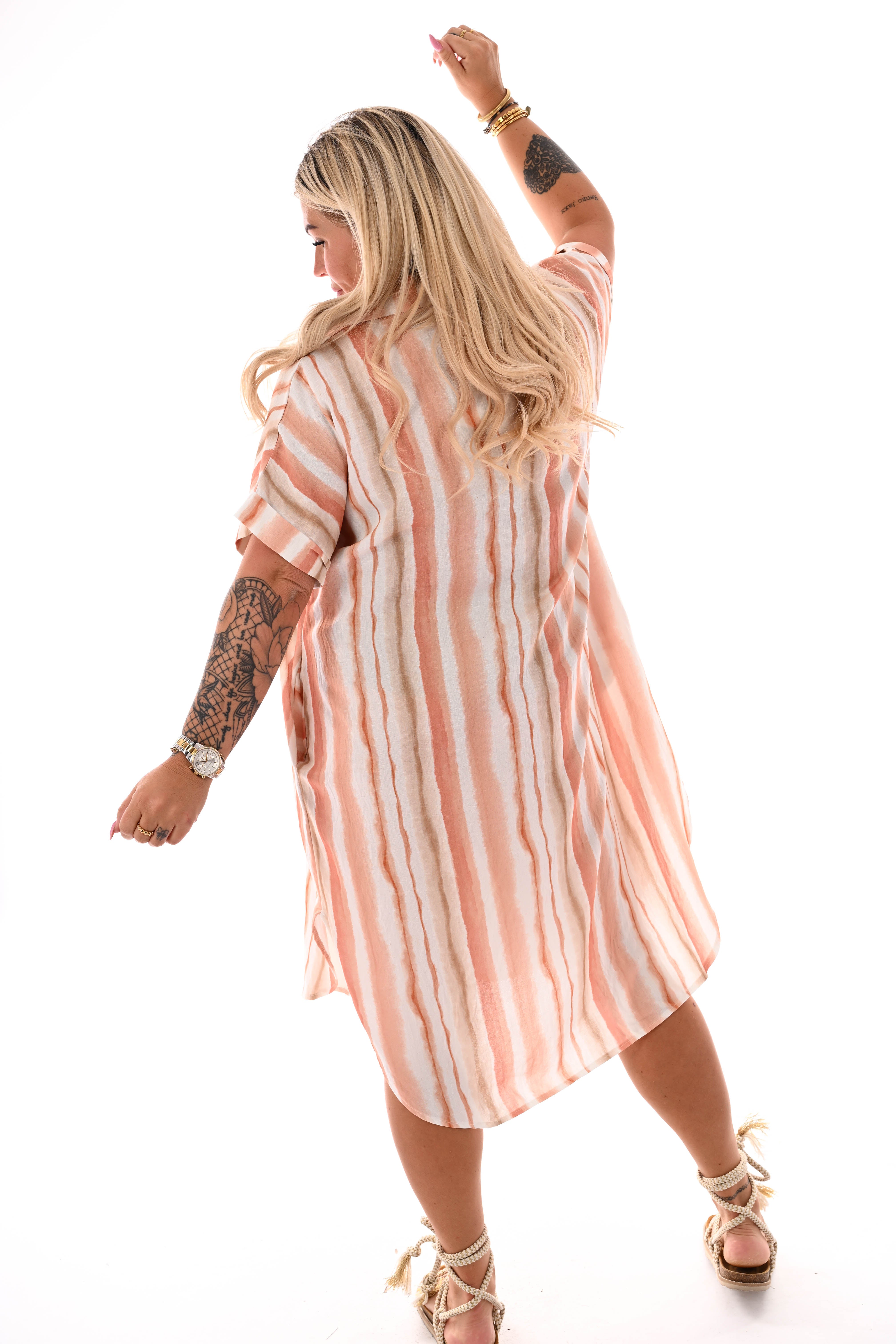 Lange jurk v-hals strepen met zakken peach