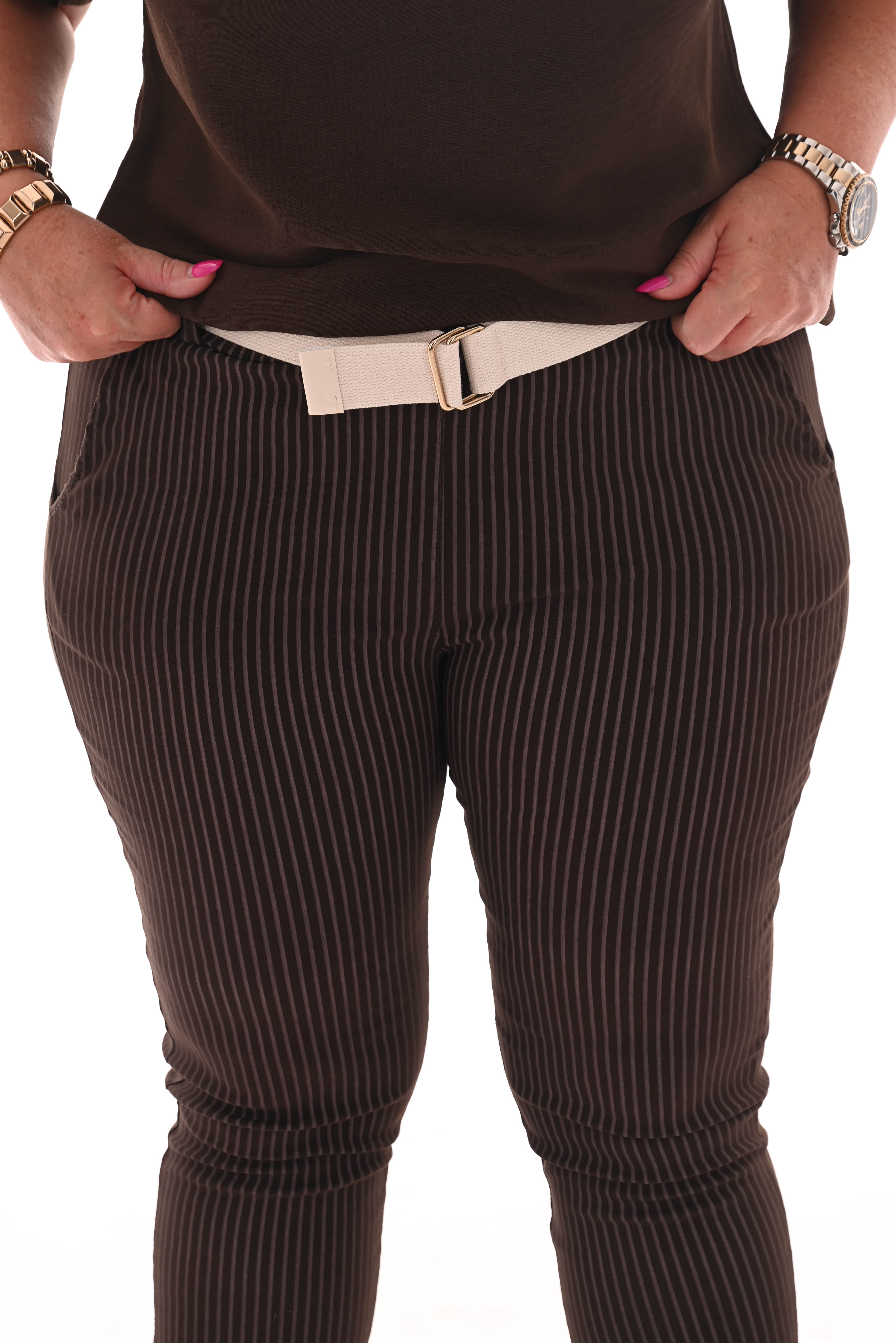 Stretchbroek streep donkerbruin