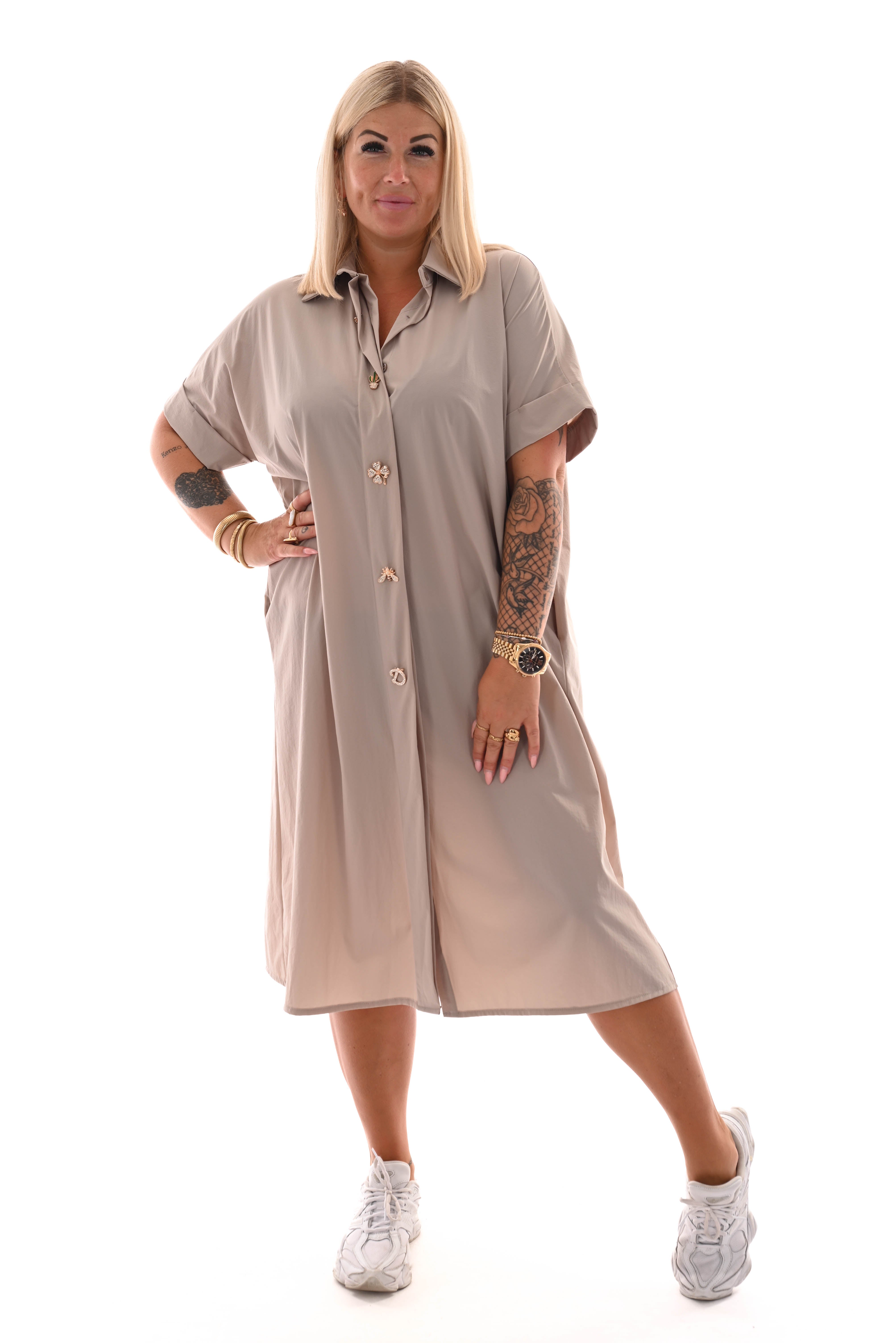 Lange blouse korte mouwen broche taupe