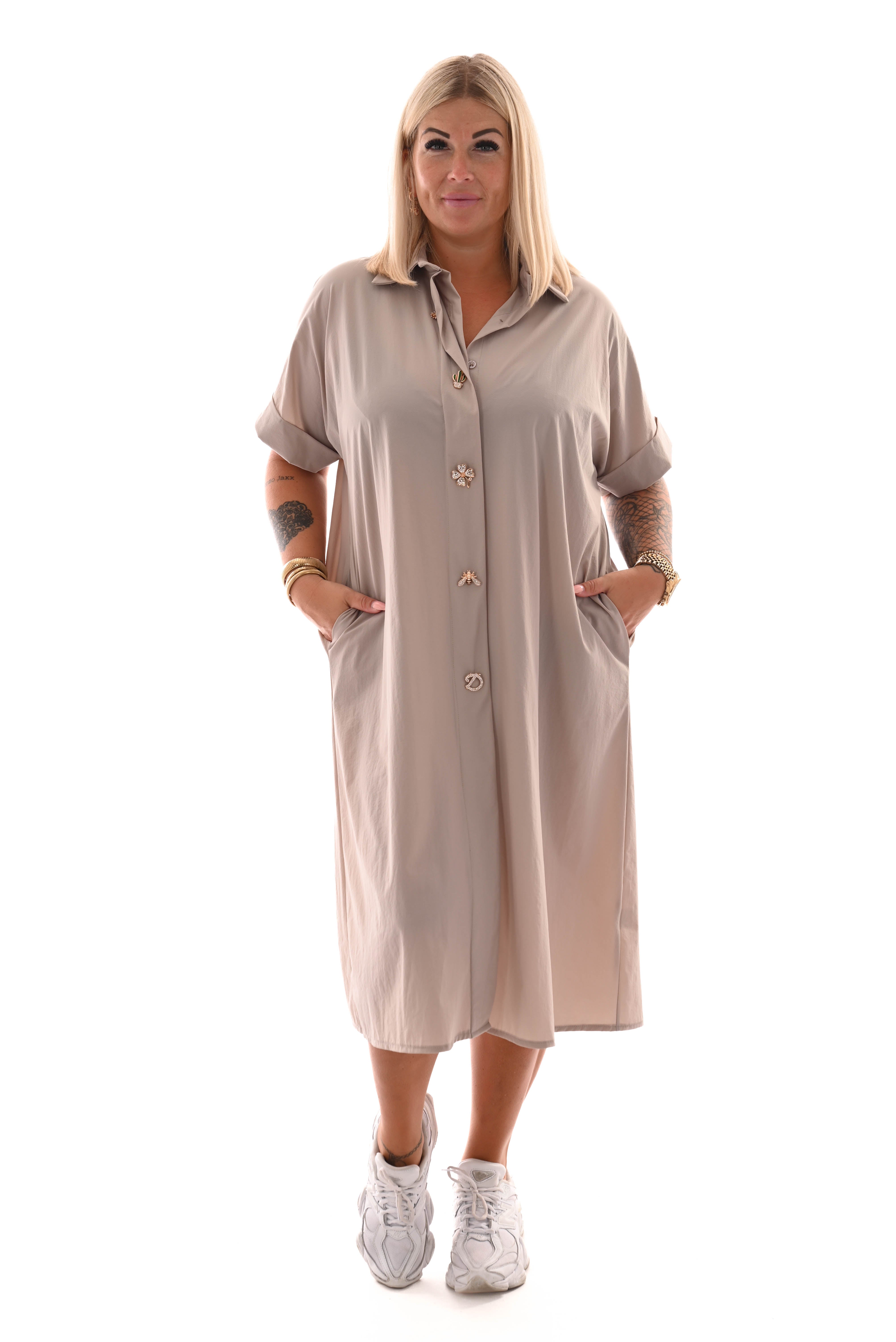 Lange blouse korte mouwen broche taupe