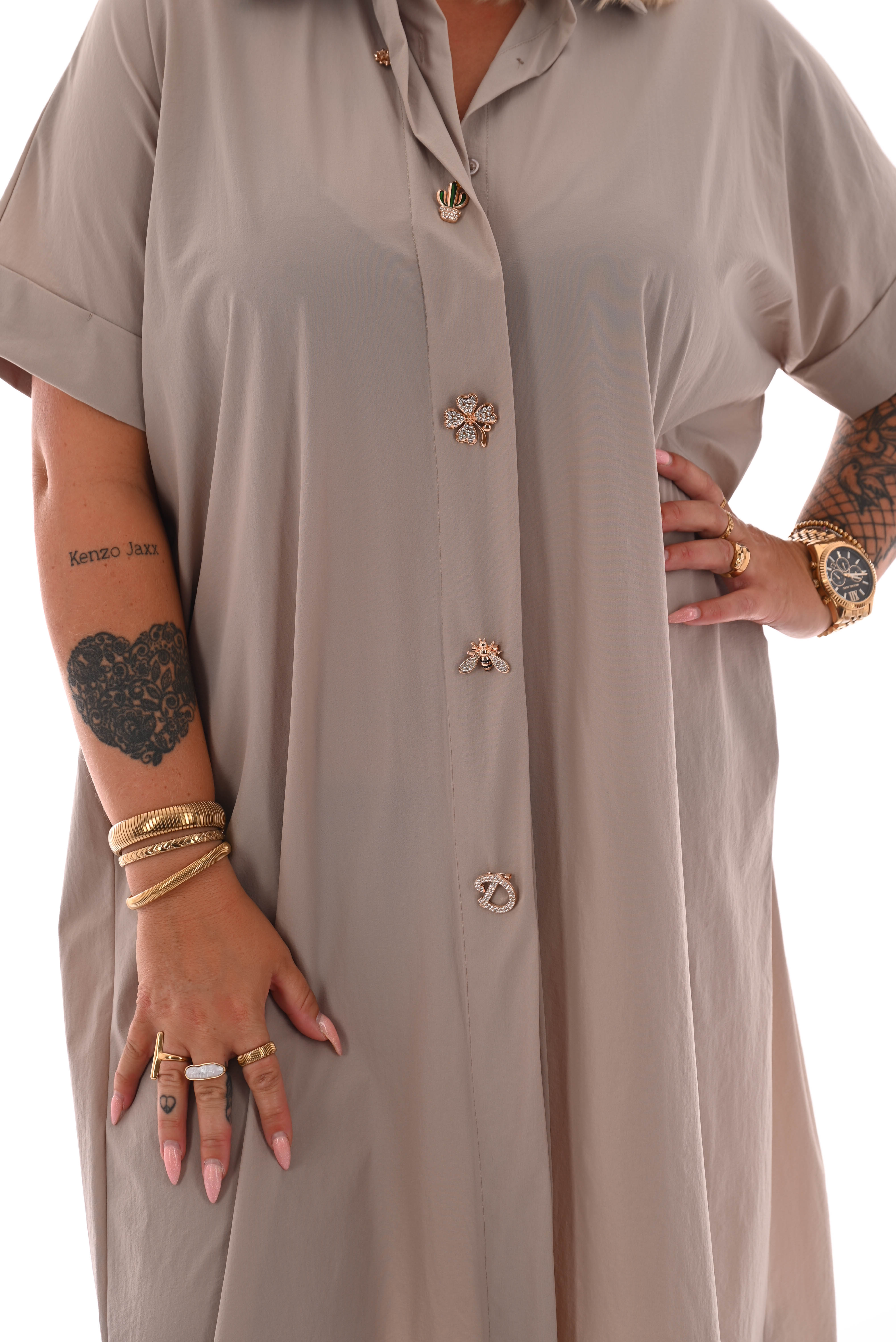 Lange blouse korte mouwen broche taupe