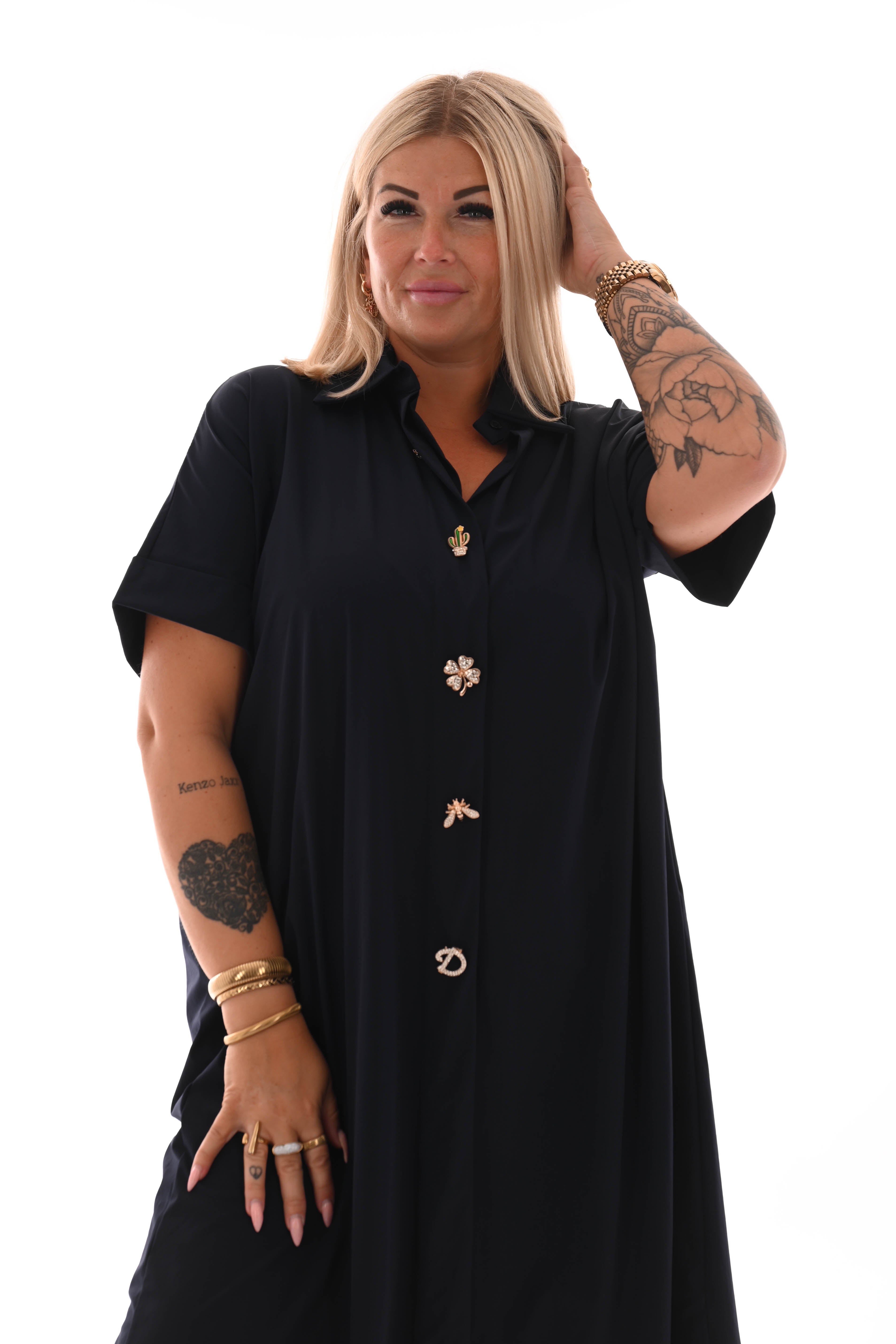 Lange blouse korte mouwen broche marineblauw