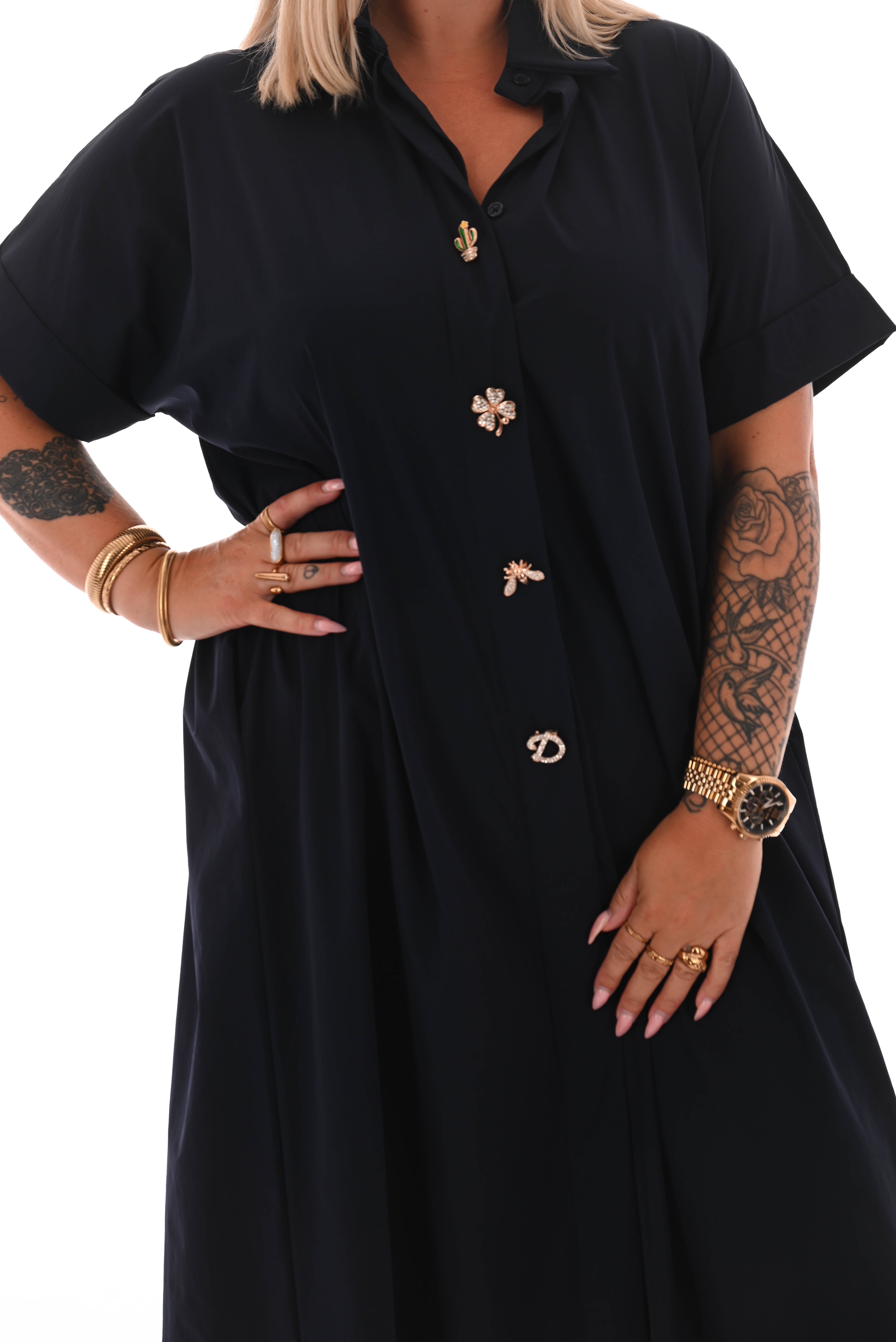 Lange blouse korte mouwen broche marineblauw