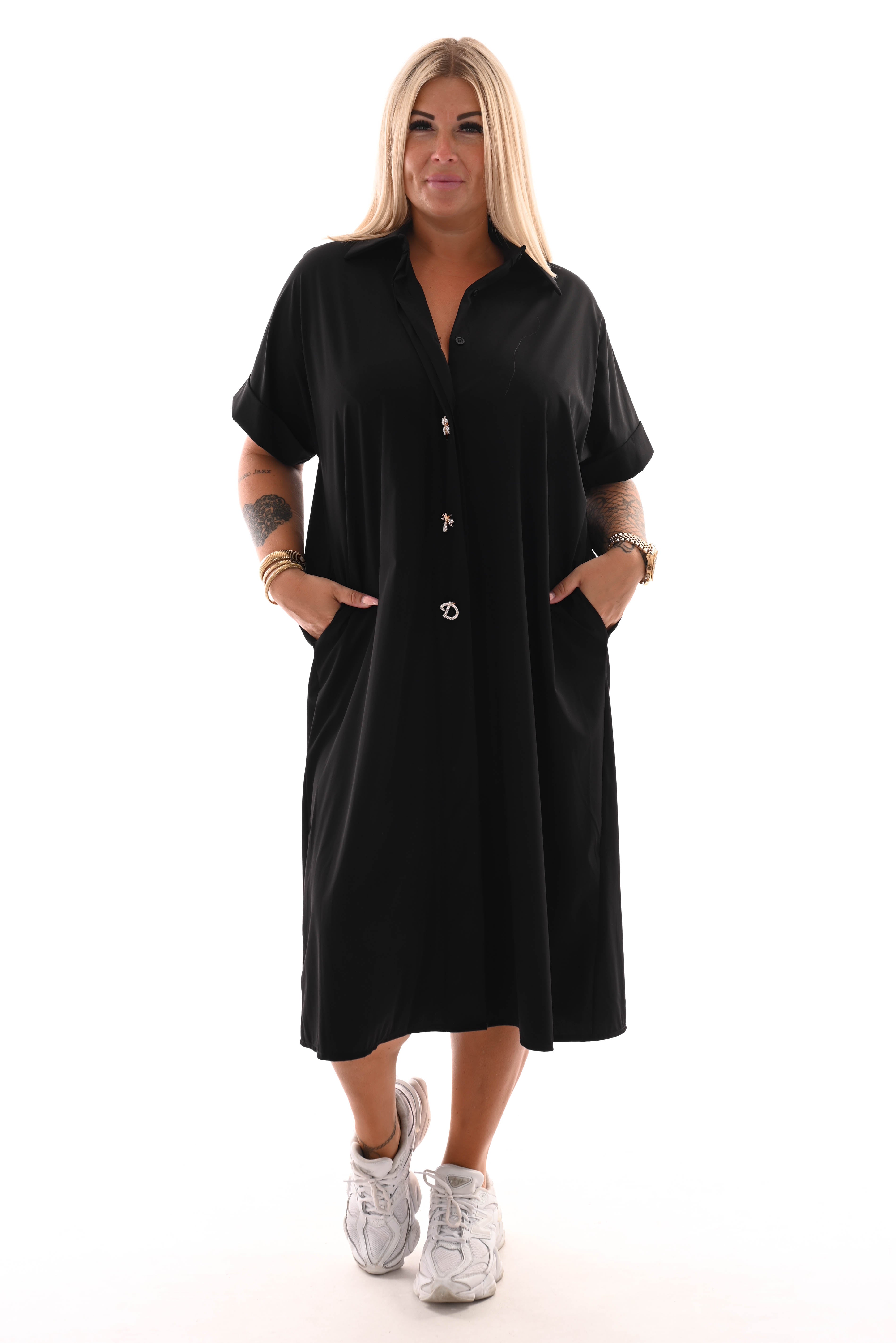 Lange blouse korte mouwen broche zwart