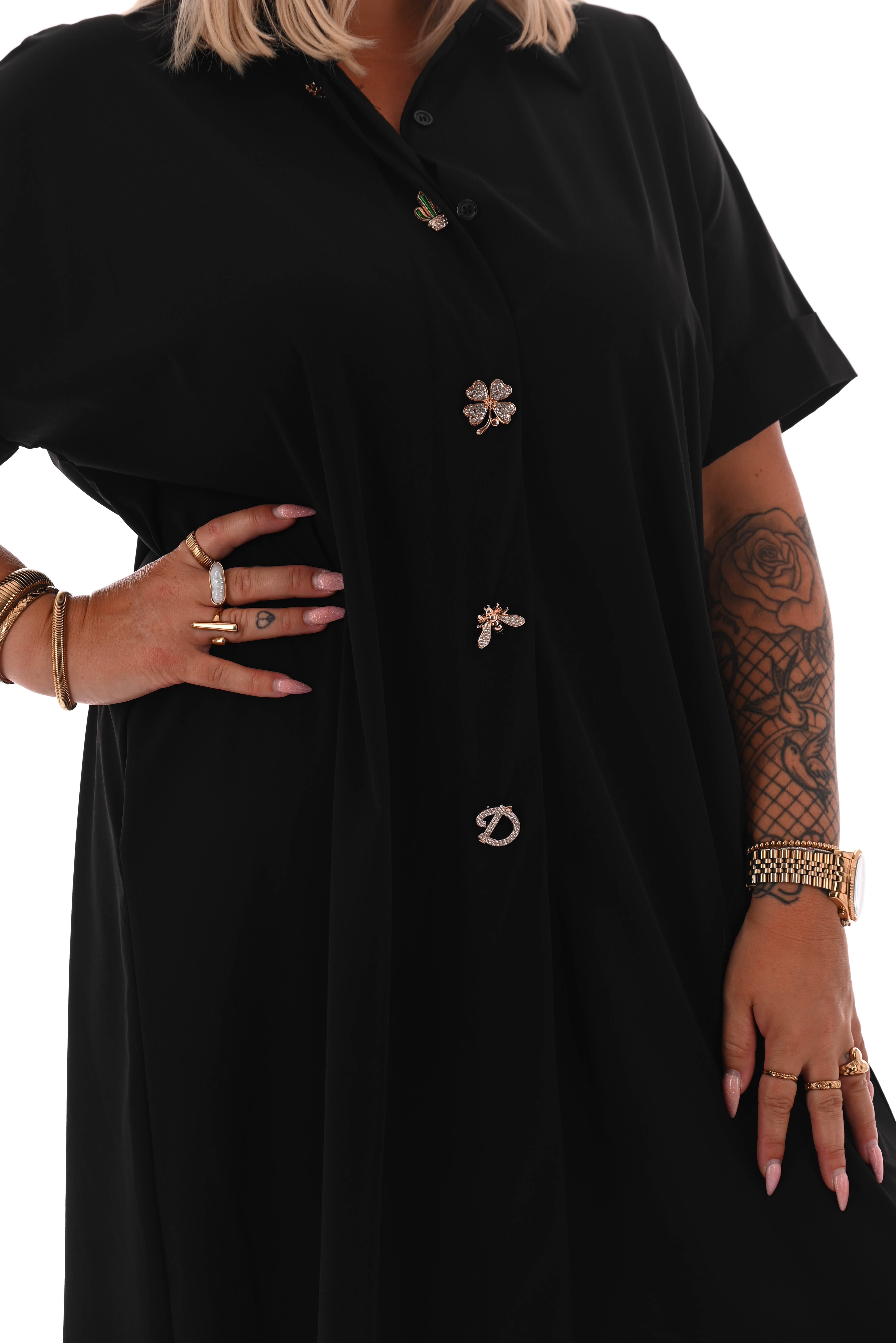 Lange blouse korte mouwen broche zwart