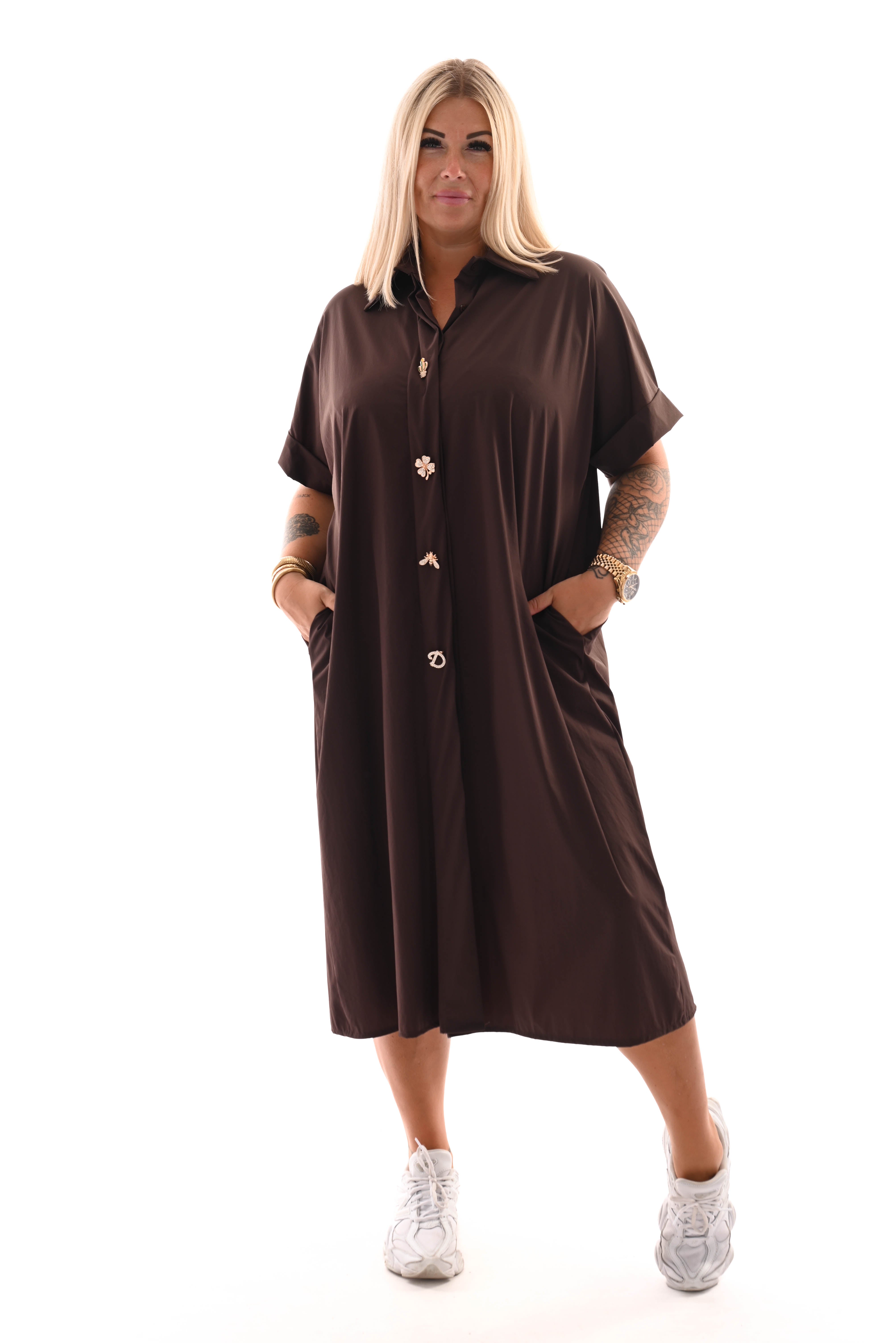 Lange blouse korte mouwen broche donkerbruin