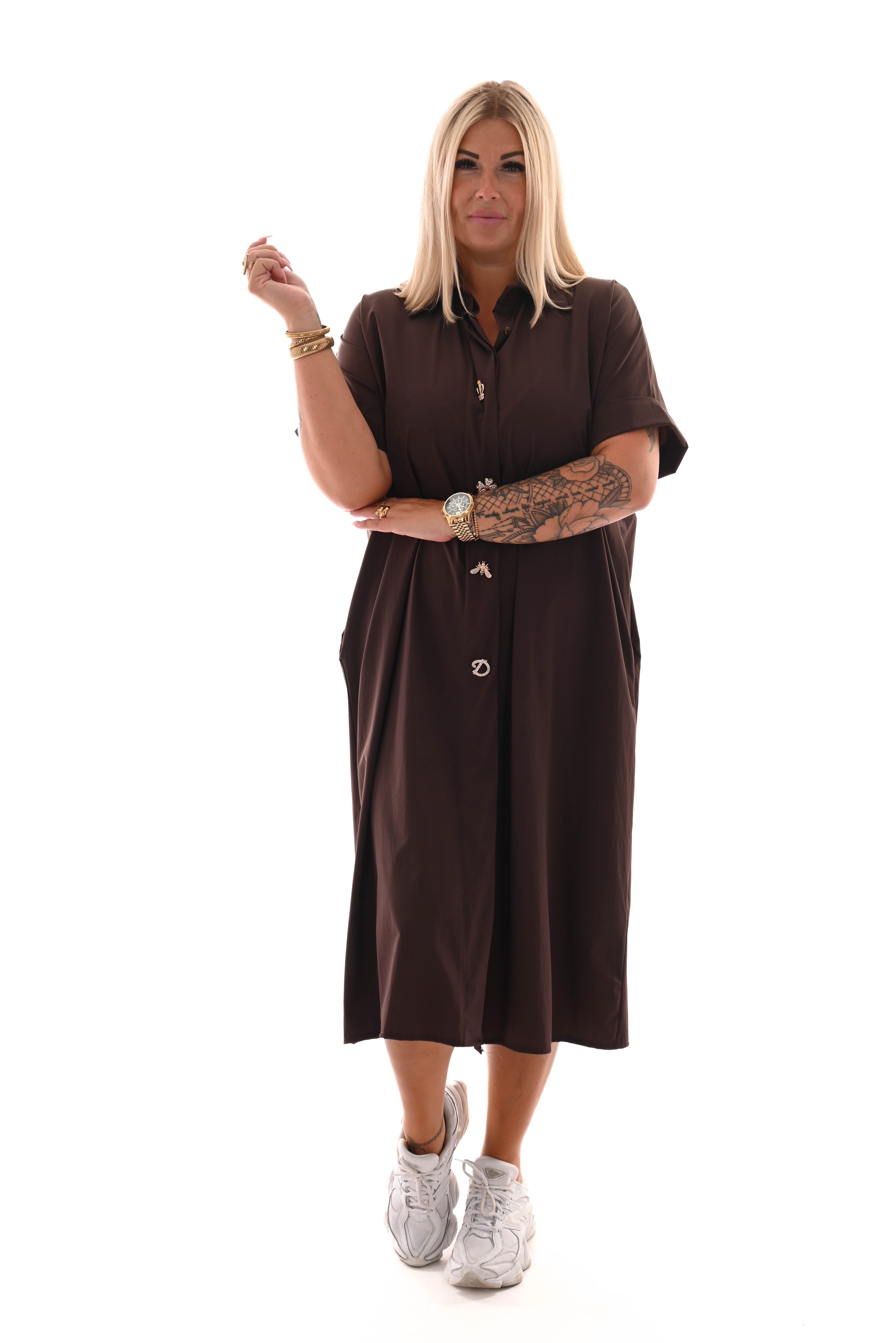 Lange blouse korte mouwen broche donkerbruin