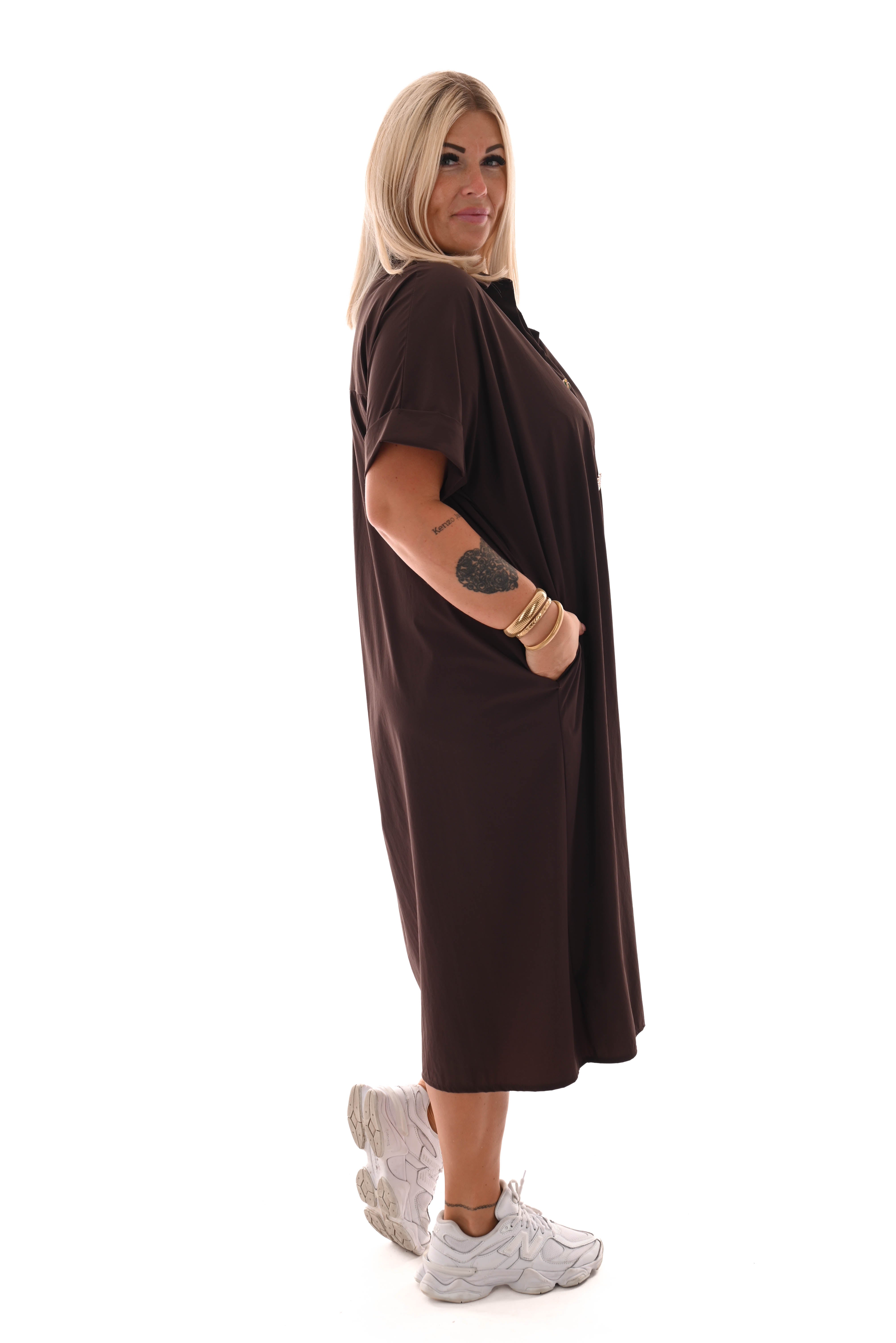 Lange blouse korte mouwen broche donkerbruin