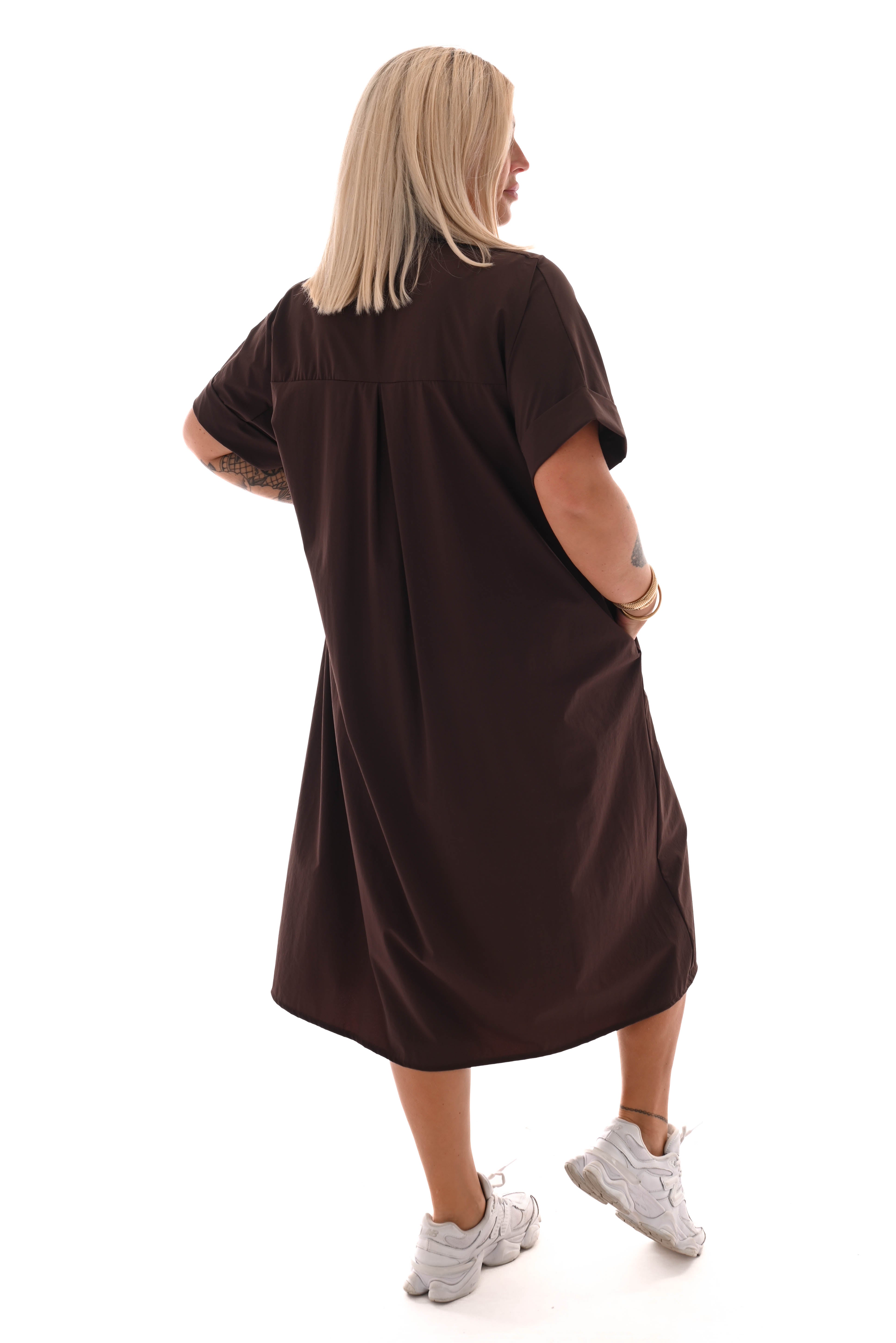 Lange blouse korte mouwen broche donkerbruin
