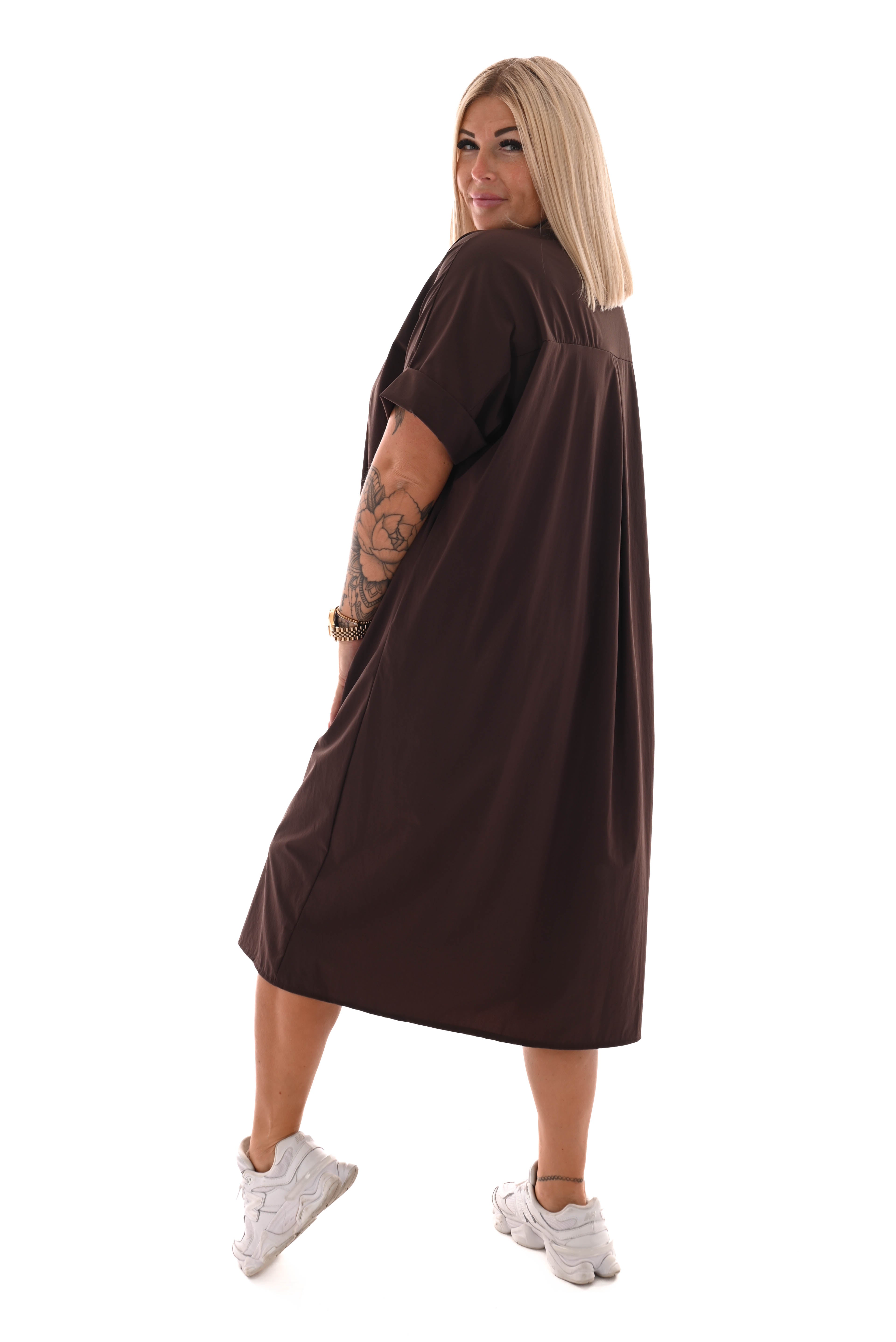 Lange blouse korte mouwen broche donkerbruin