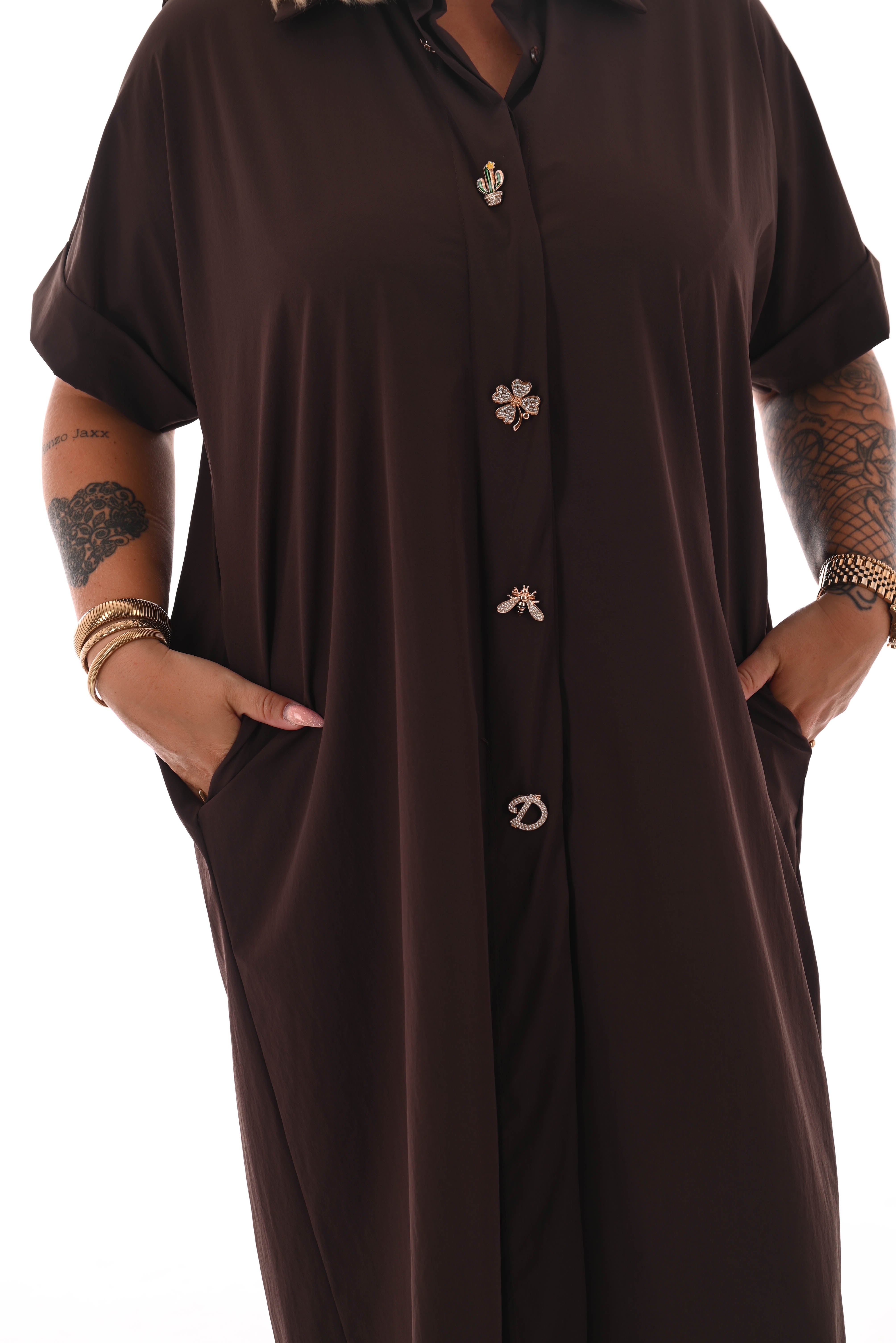 Lange blouse korte mouwen broche donkerbruin
