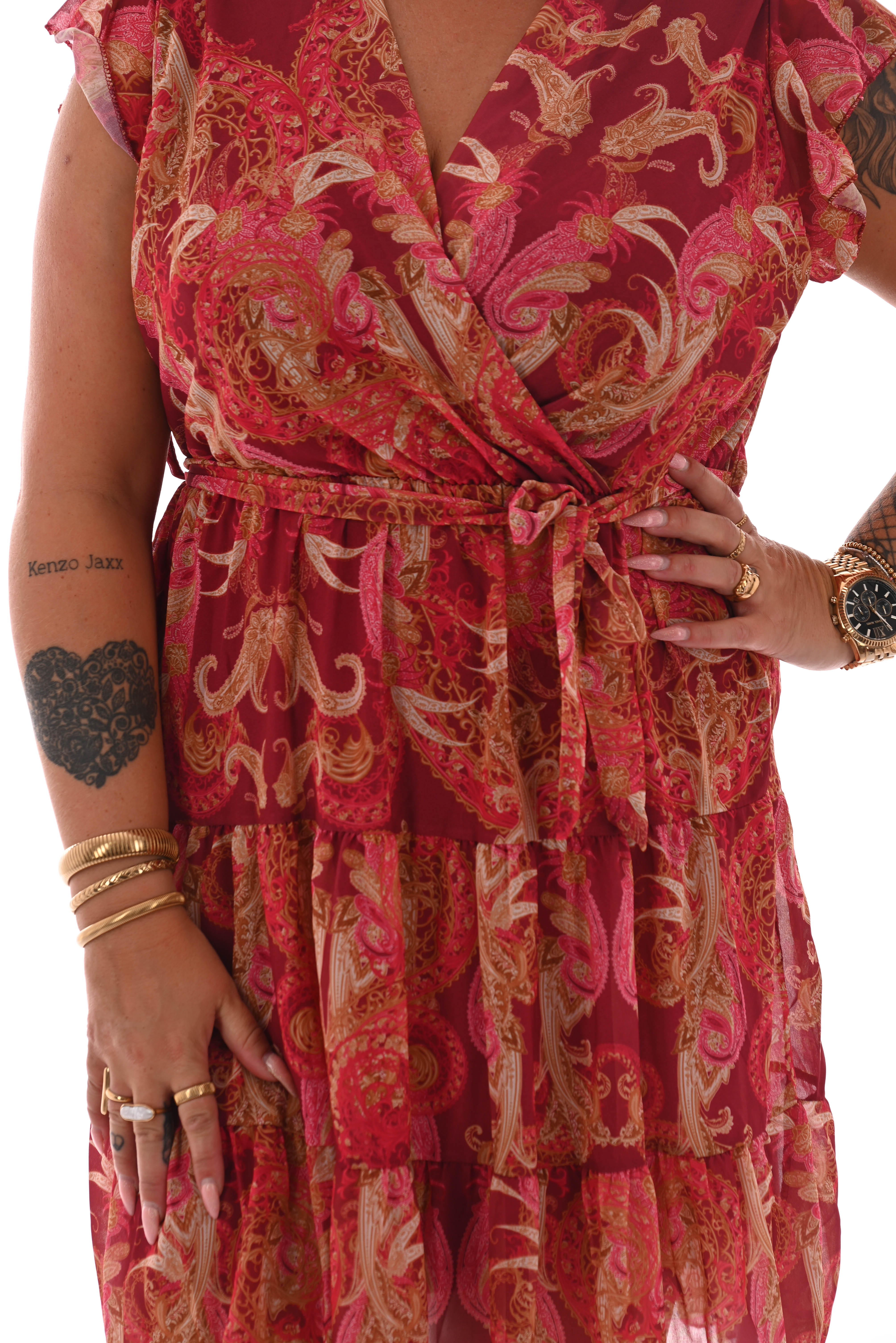 Kort jurkje met stroken print paisley rood