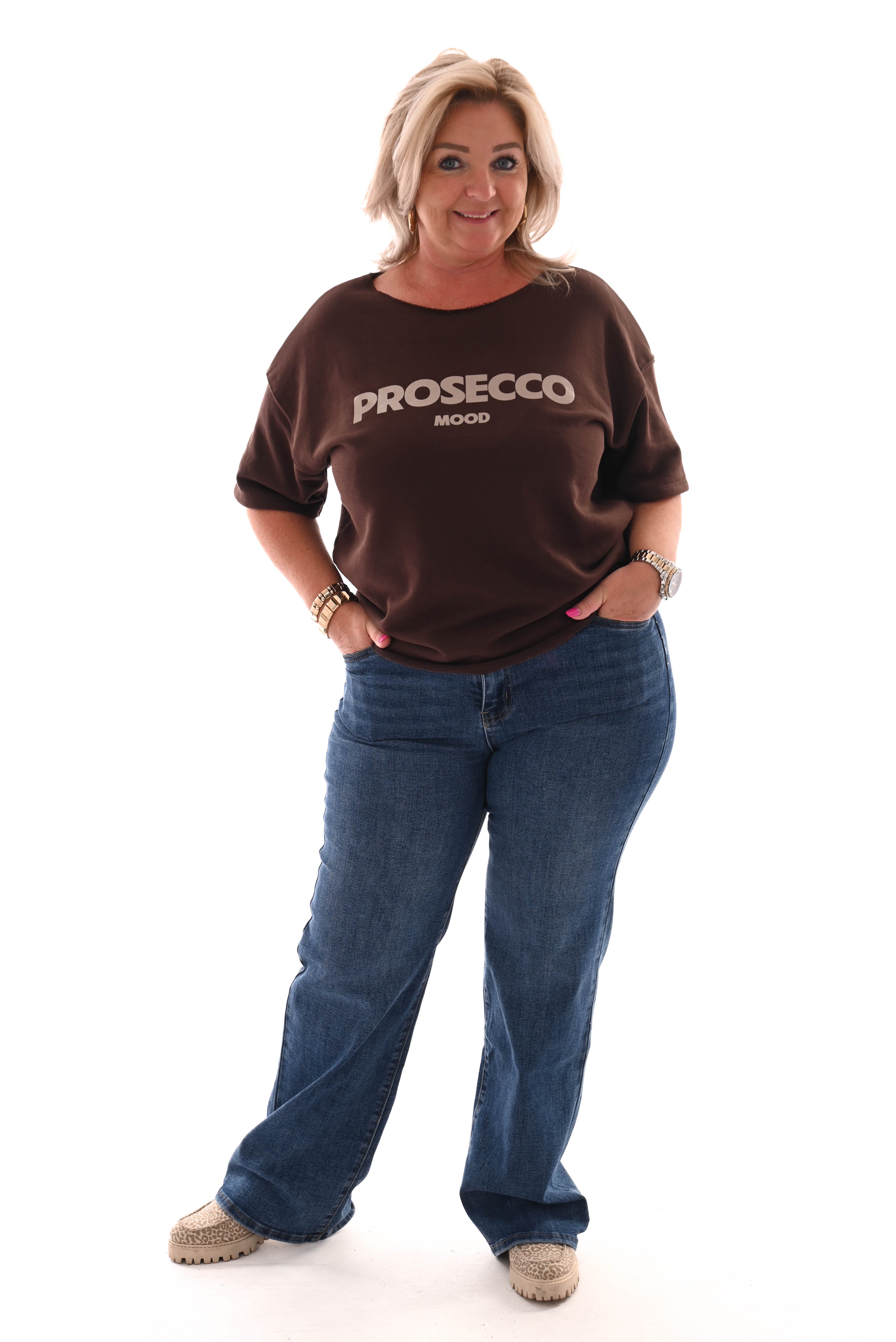 Sweater korte mouwen prosecco mood donkerbruin