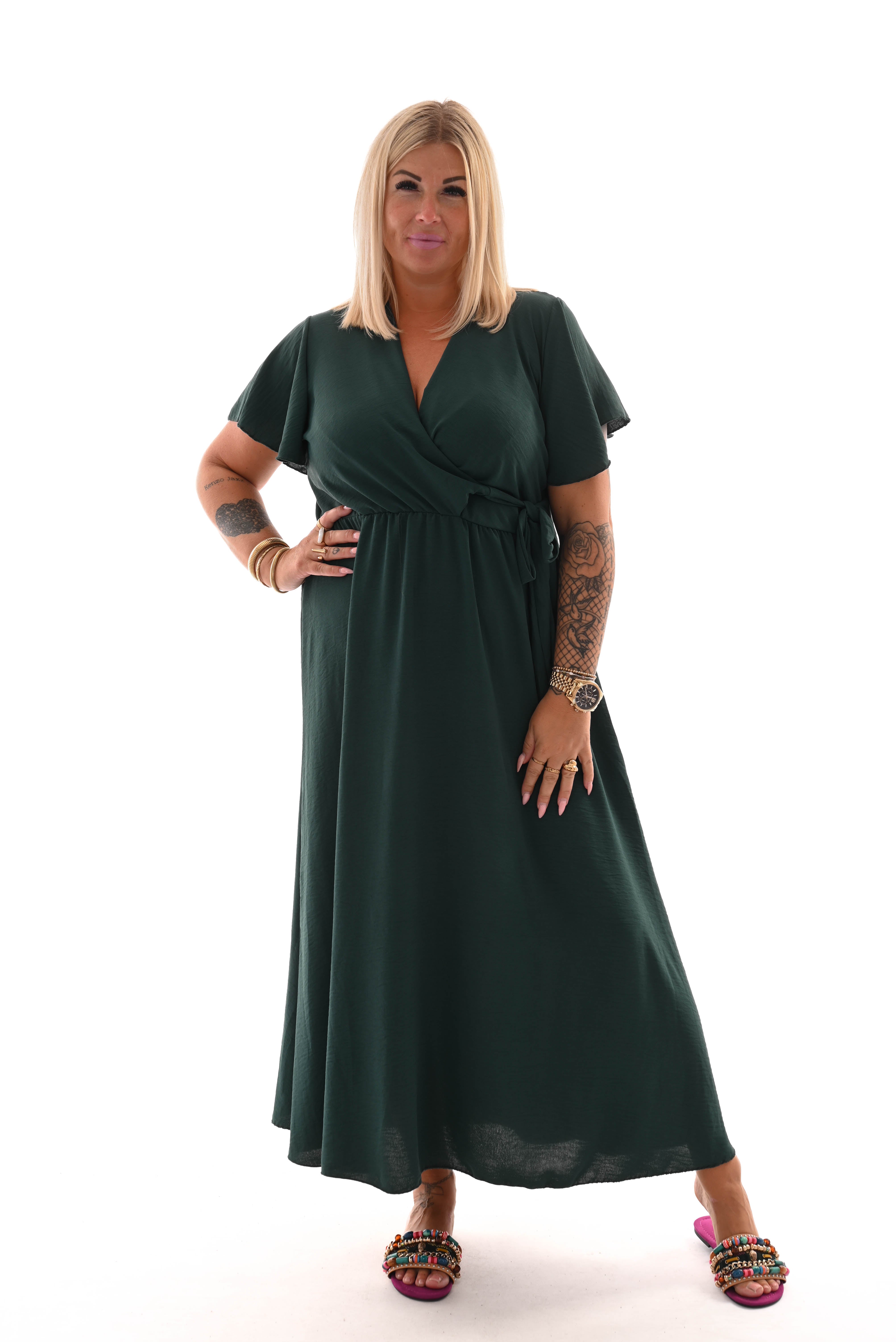 Maxi jurk met strik uni flessengroen