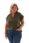 Travel top v-hals en opstaande kraag uni legergroen