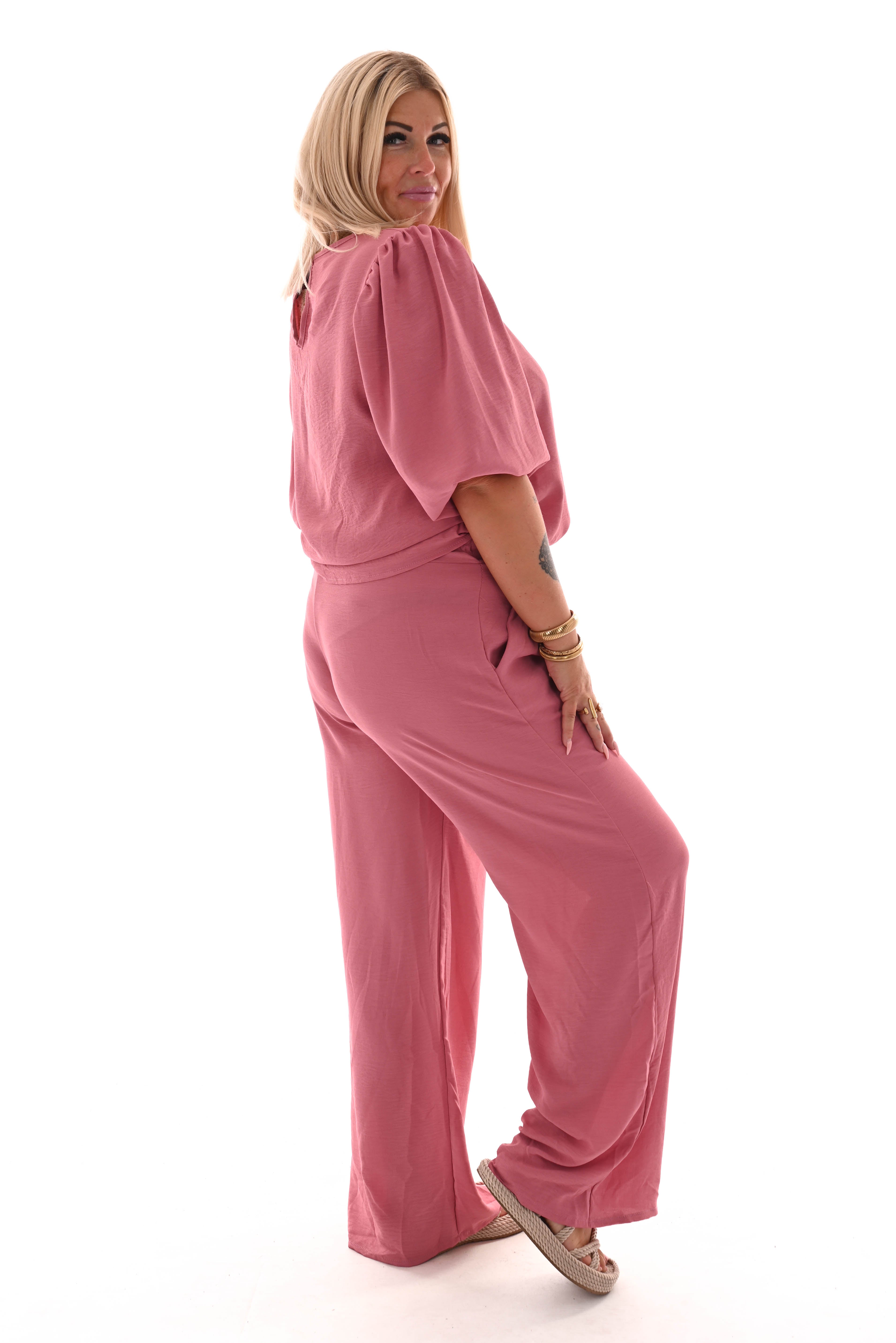 Tweedelig pak 3/4e pofmouwen uni oud roze