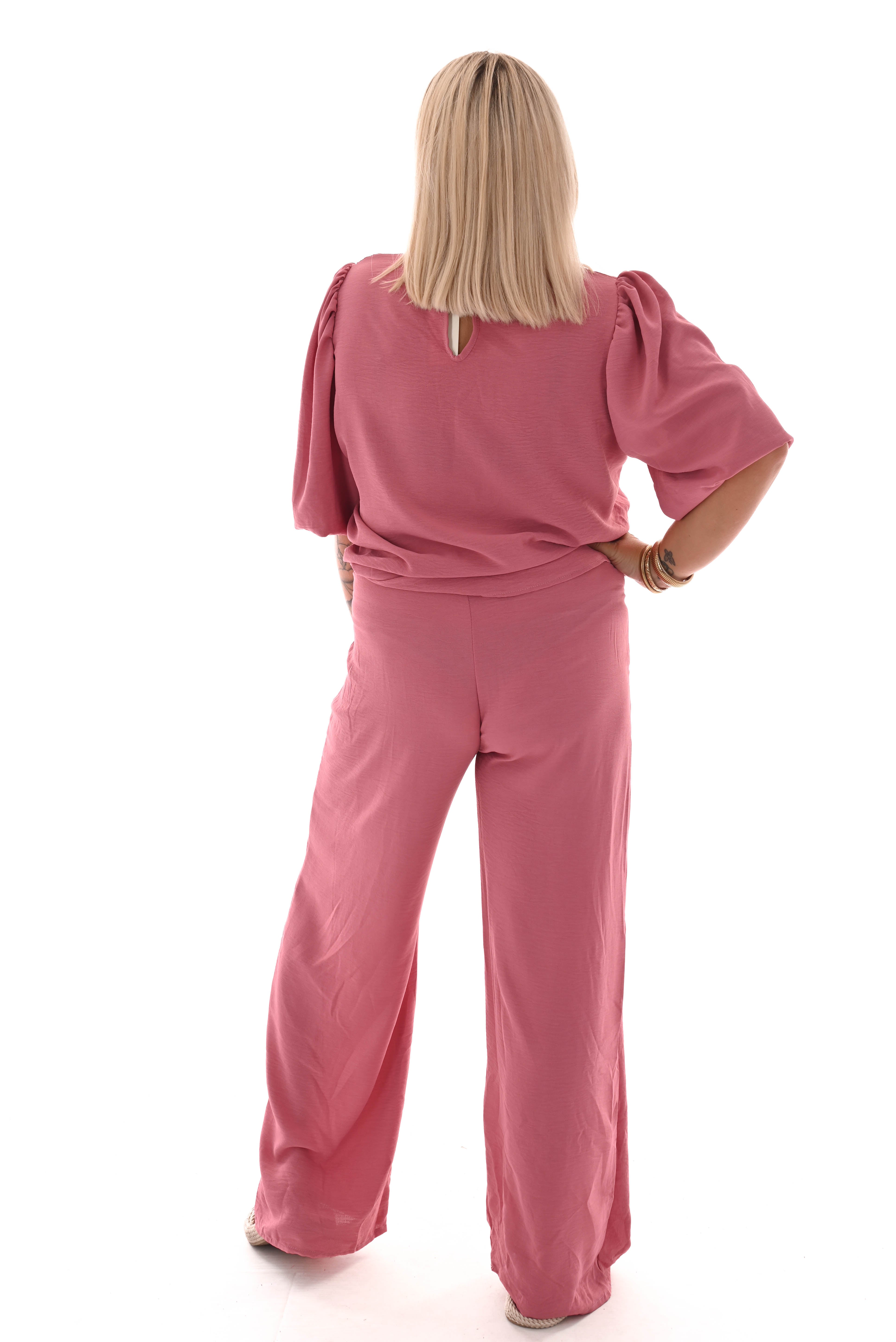Tweedelig pak 3/4e pofmouwen uni oud roze