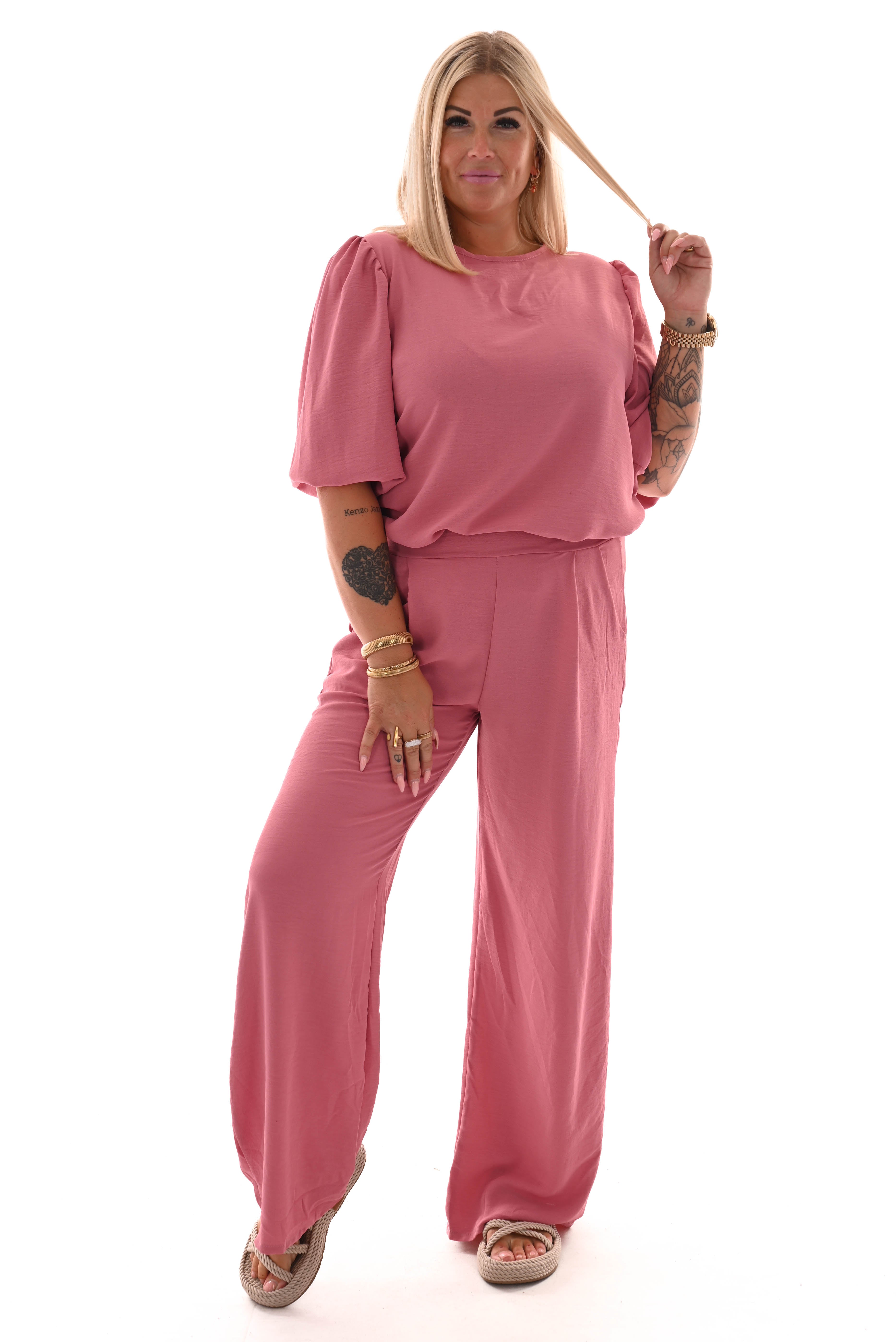 Tweedelig pak 3/4e pofmouwen uni oud roze
