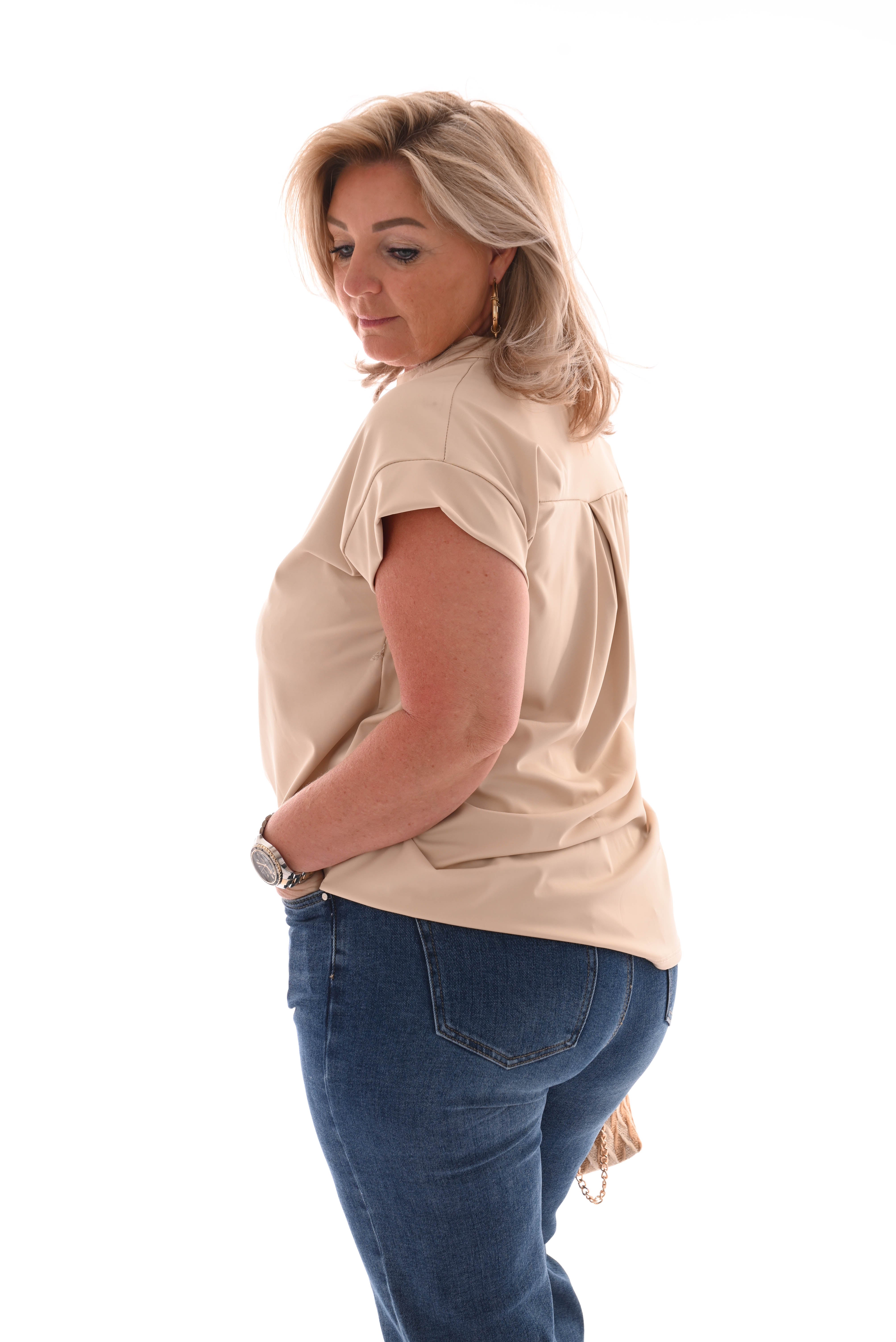 Travel top v-hals en opstaande kraag uni beige