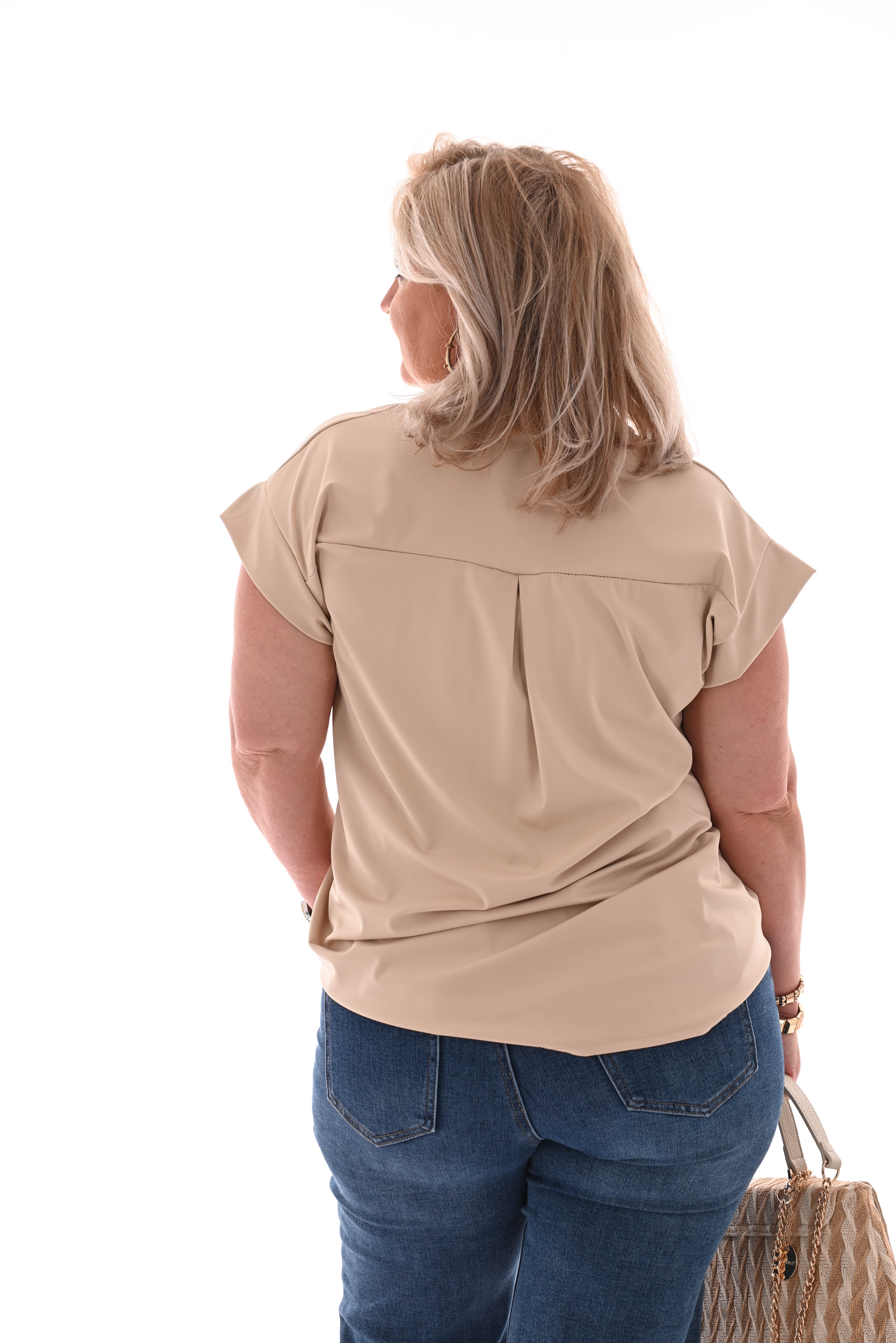 Travel top v-hals en opstaande kraag uni beige