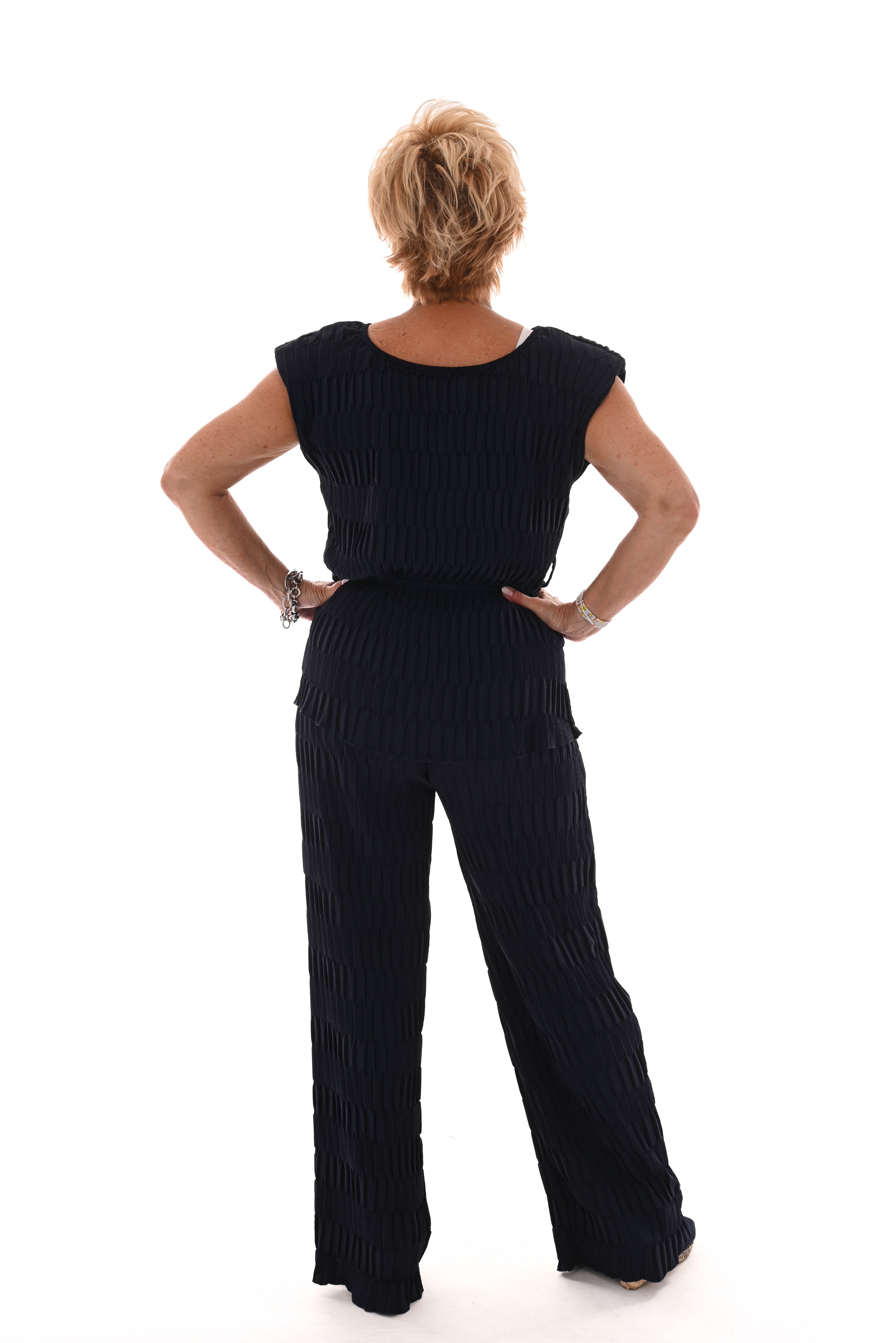 Tweedelig set met ceintuur structuur marineblauw