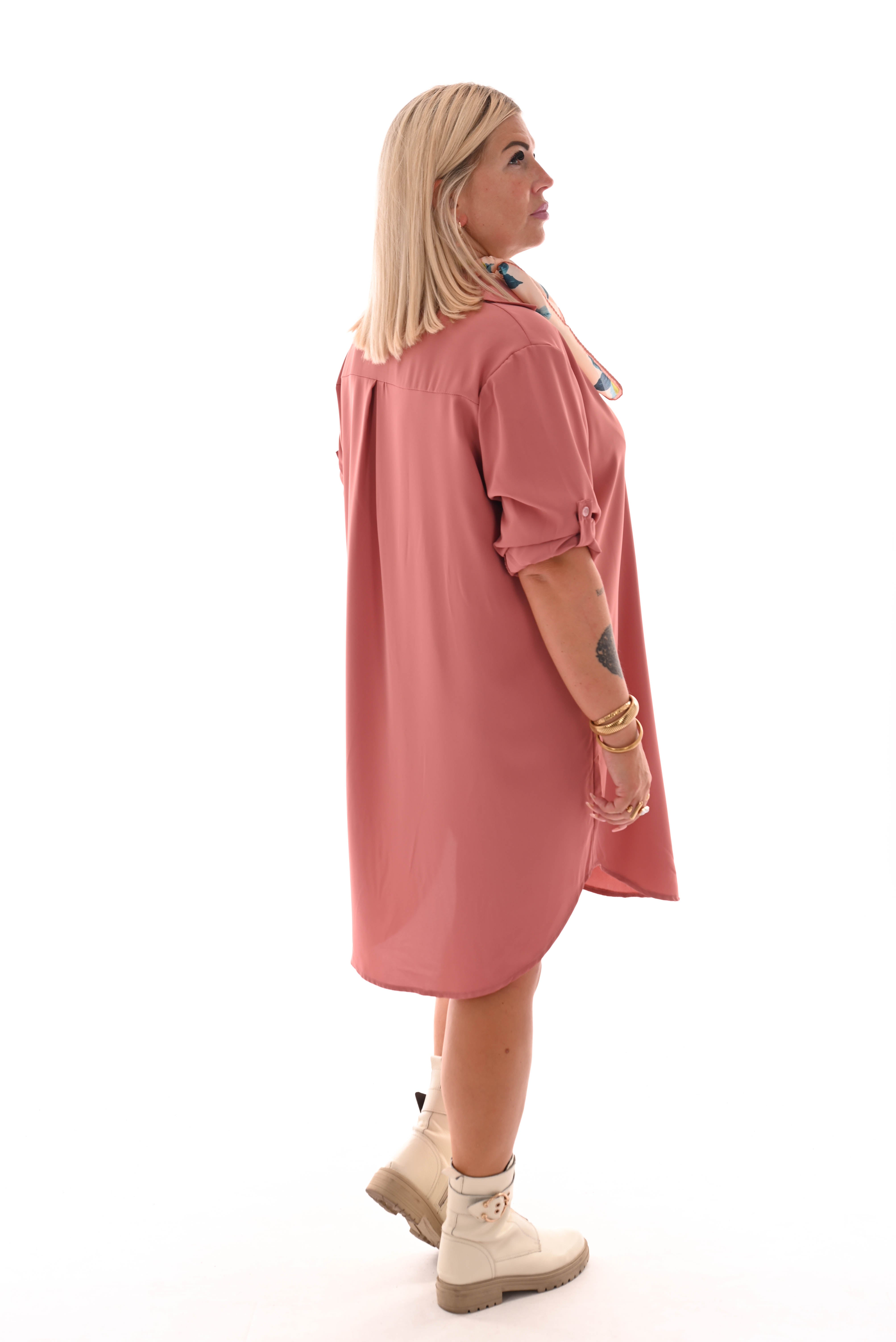 Tuniek v-hals doorknoop ophaalmouwen oud roze