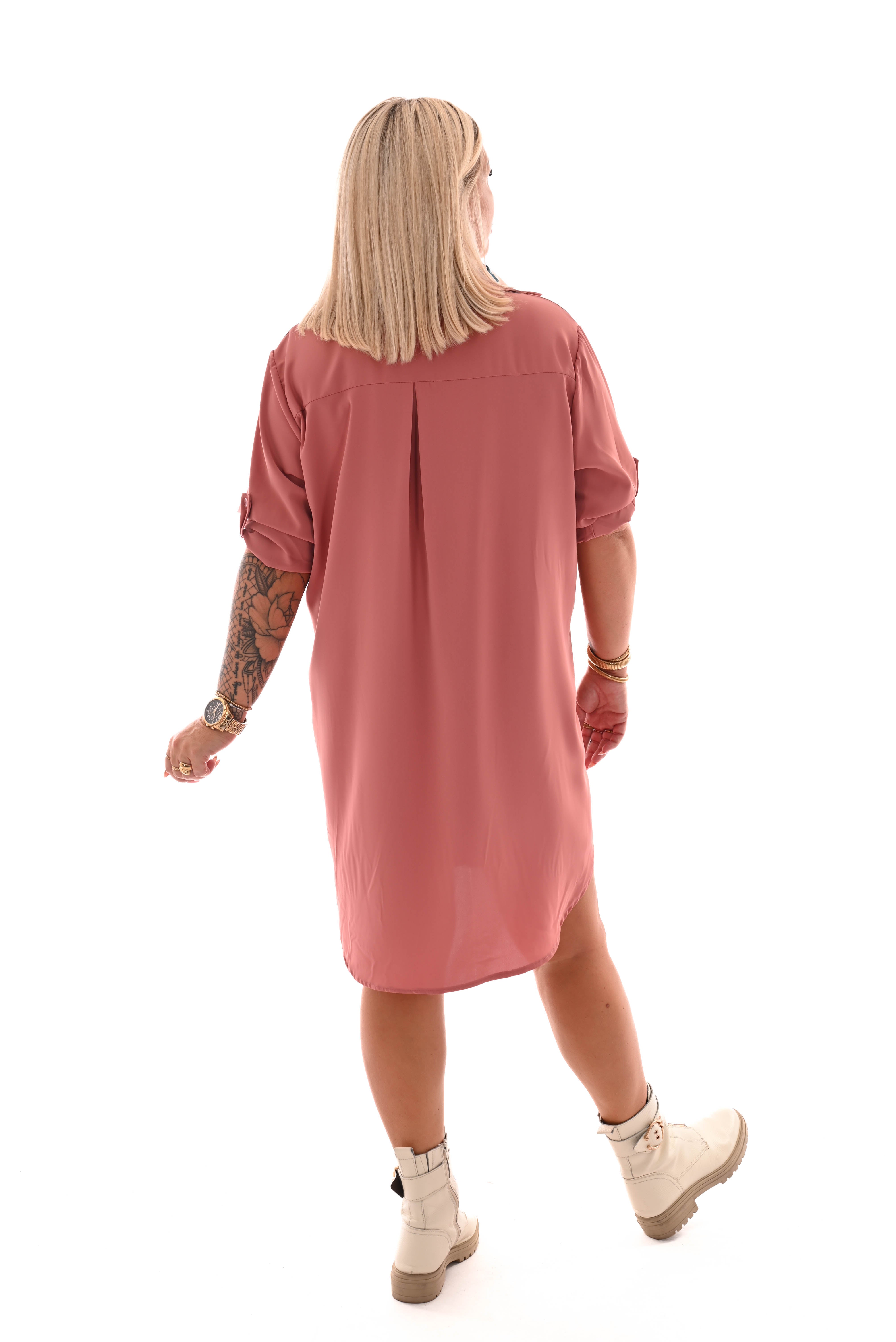 Tuniek v-hals doorknoop ophaalmouwen oud roze