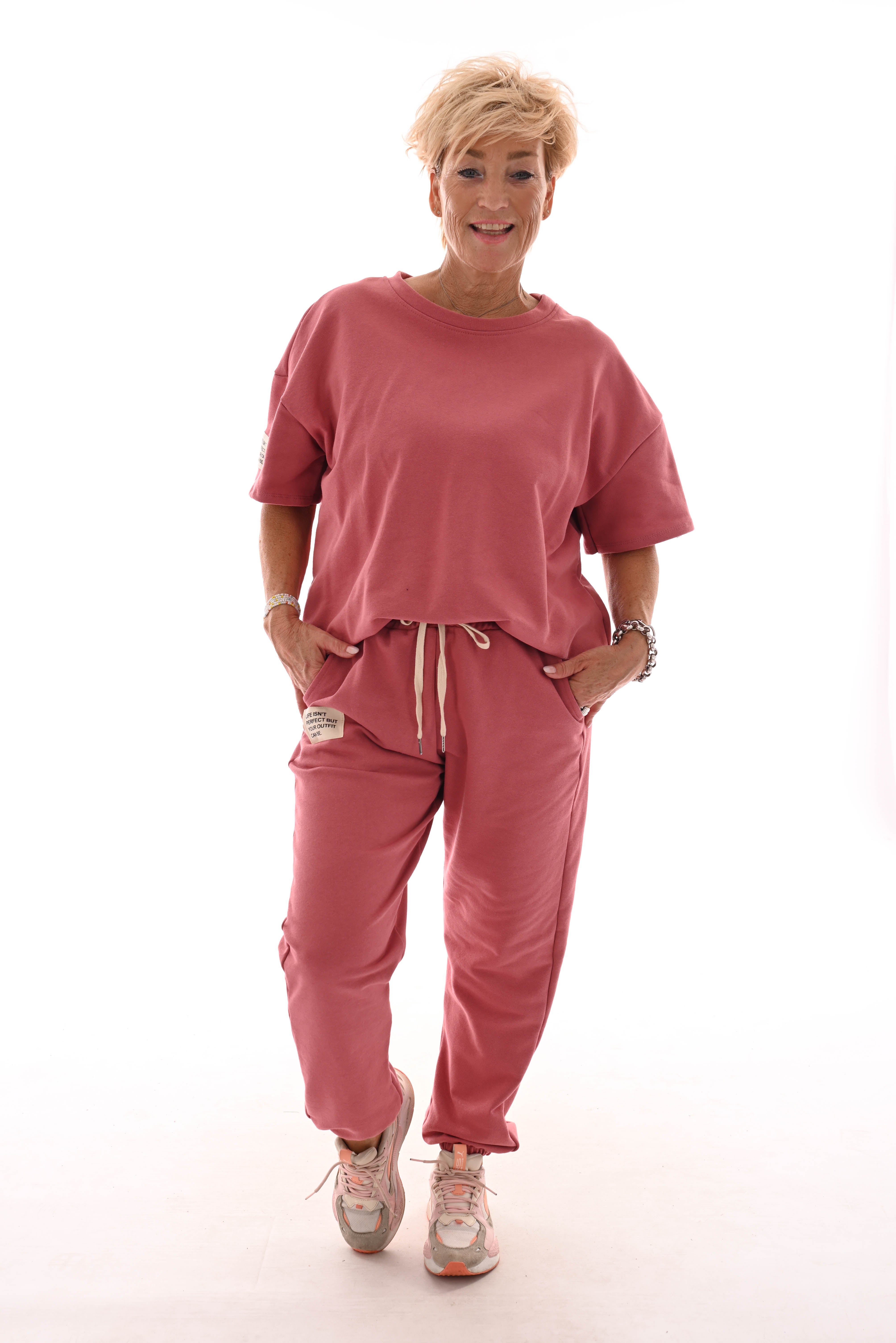 Tweedelig pak ronde hals applicatie oud roze