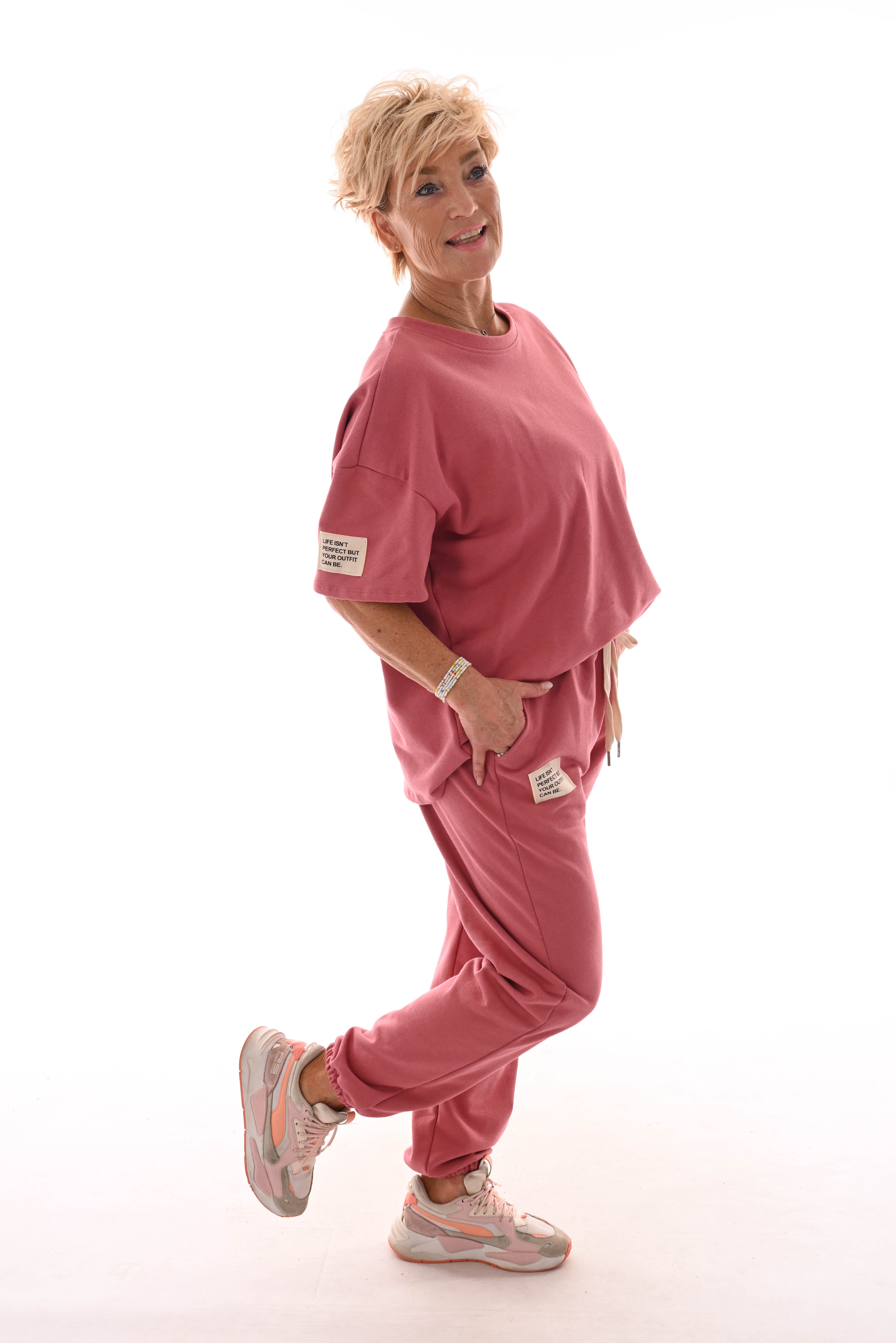 Tweedelig pak ronde hals applicatie oud roze