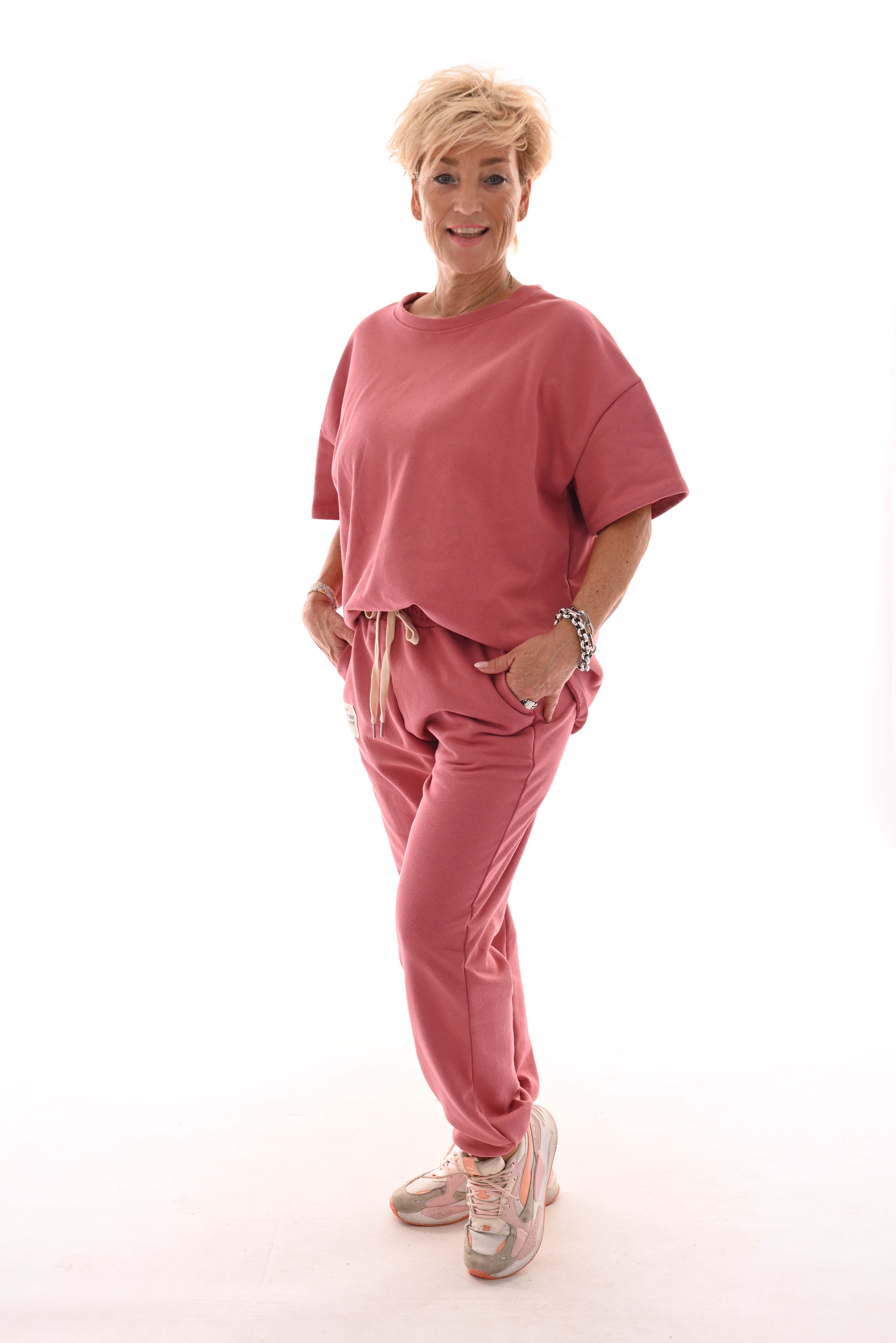 Tweedelig pak ronde hals applicatie oud roze