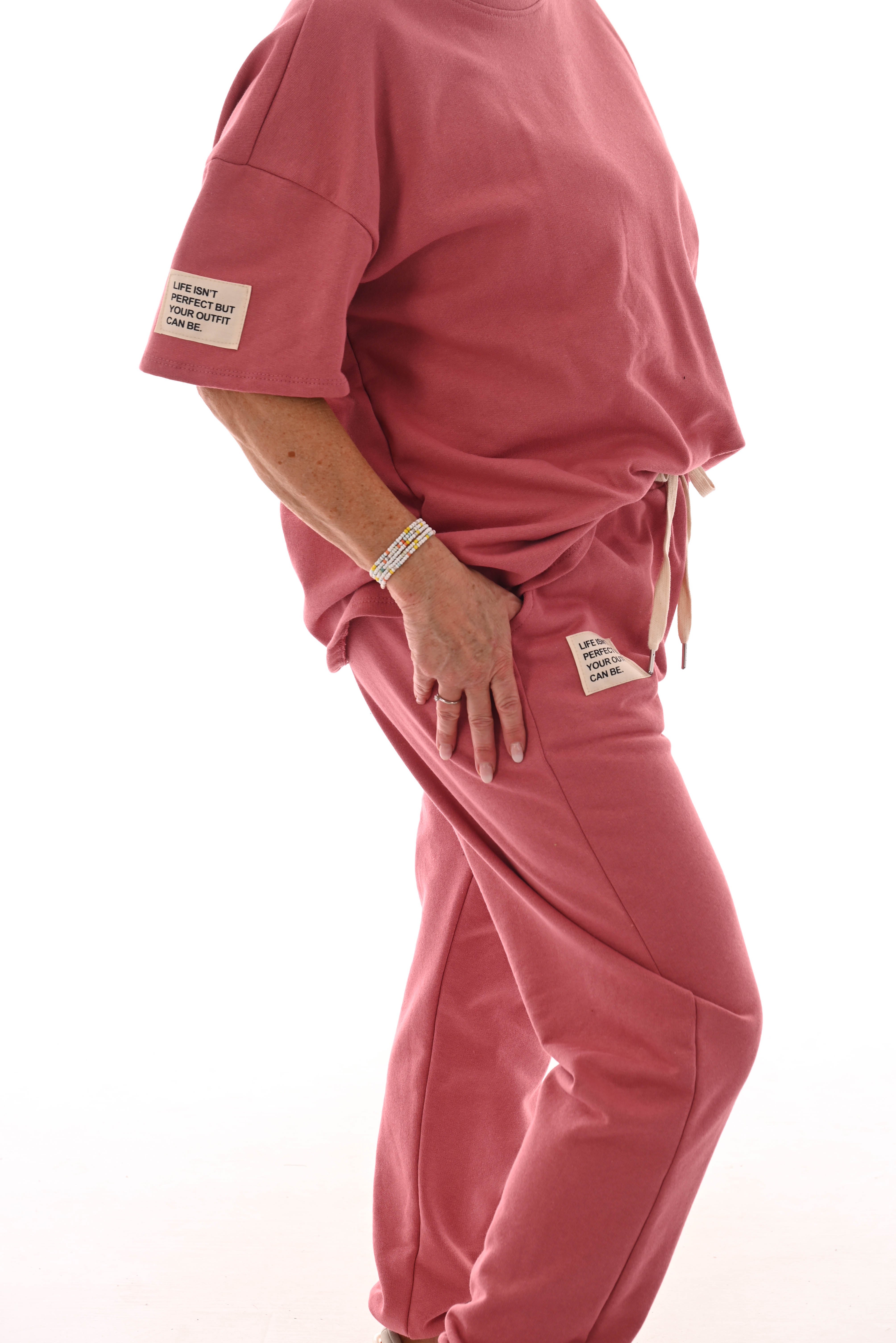 Tweedelig pak ronde hals applicatie oud roze