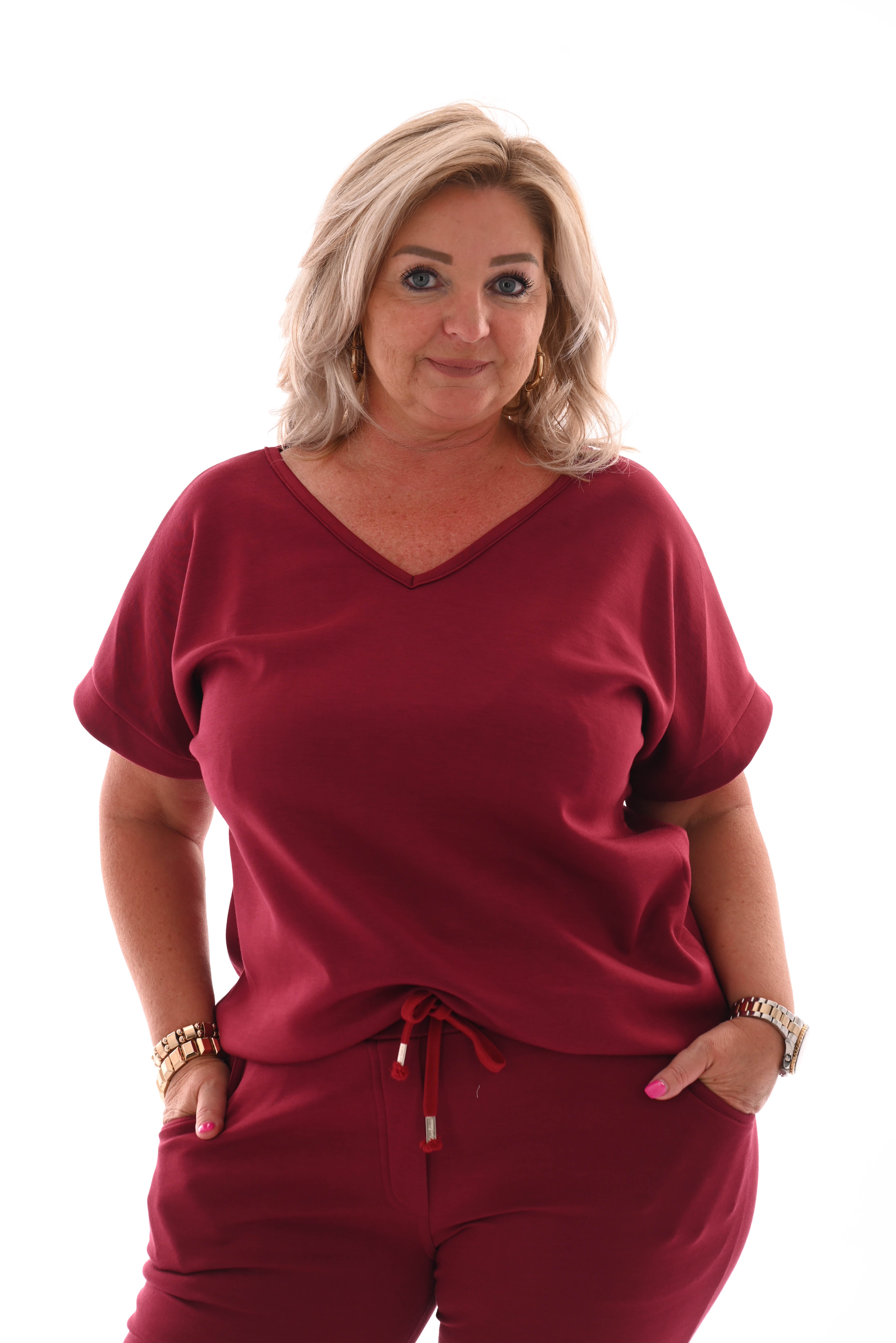 Tweedelig pak v-hals uni bordeaux