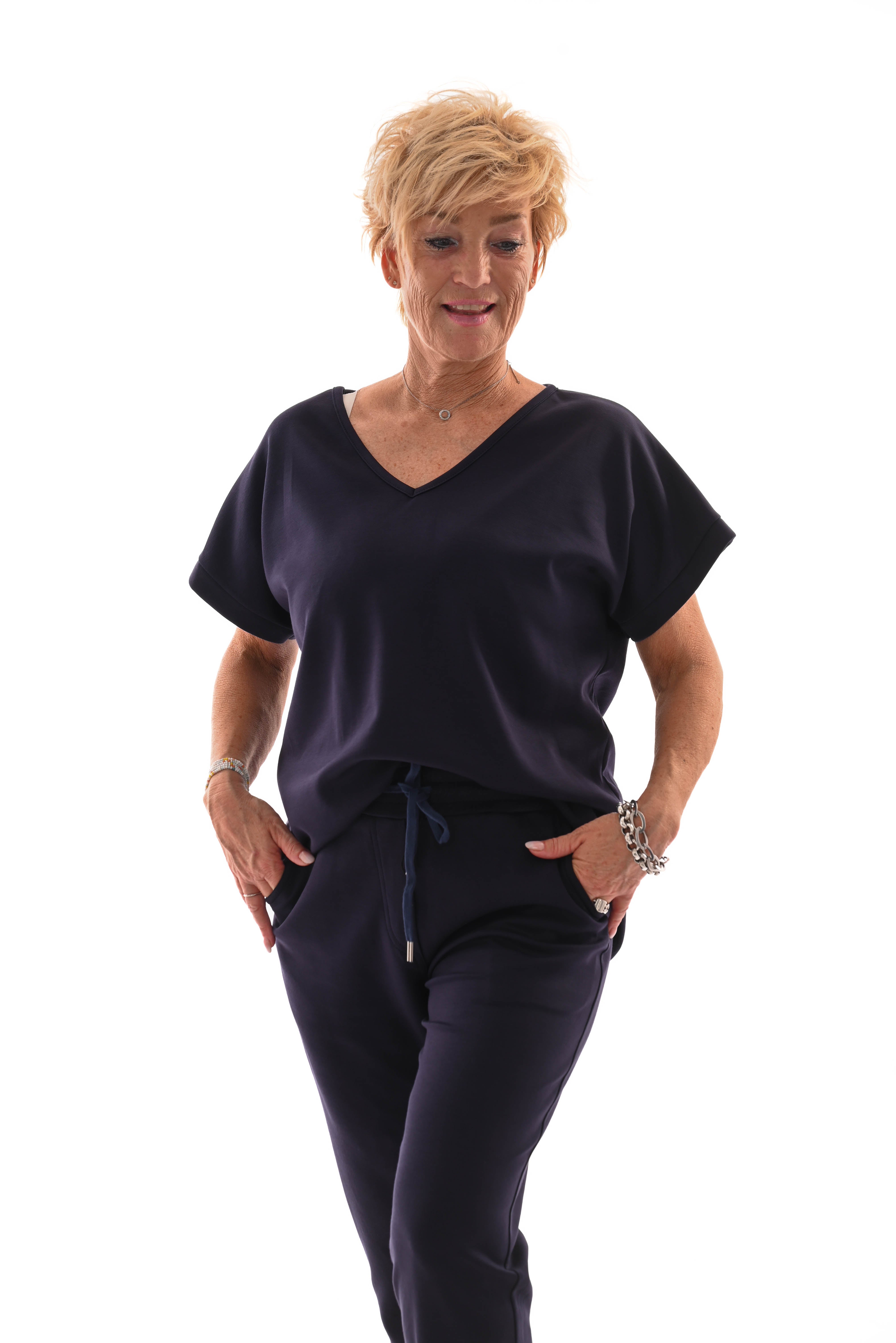 Tweedelig pak v-hals uni marineblauw