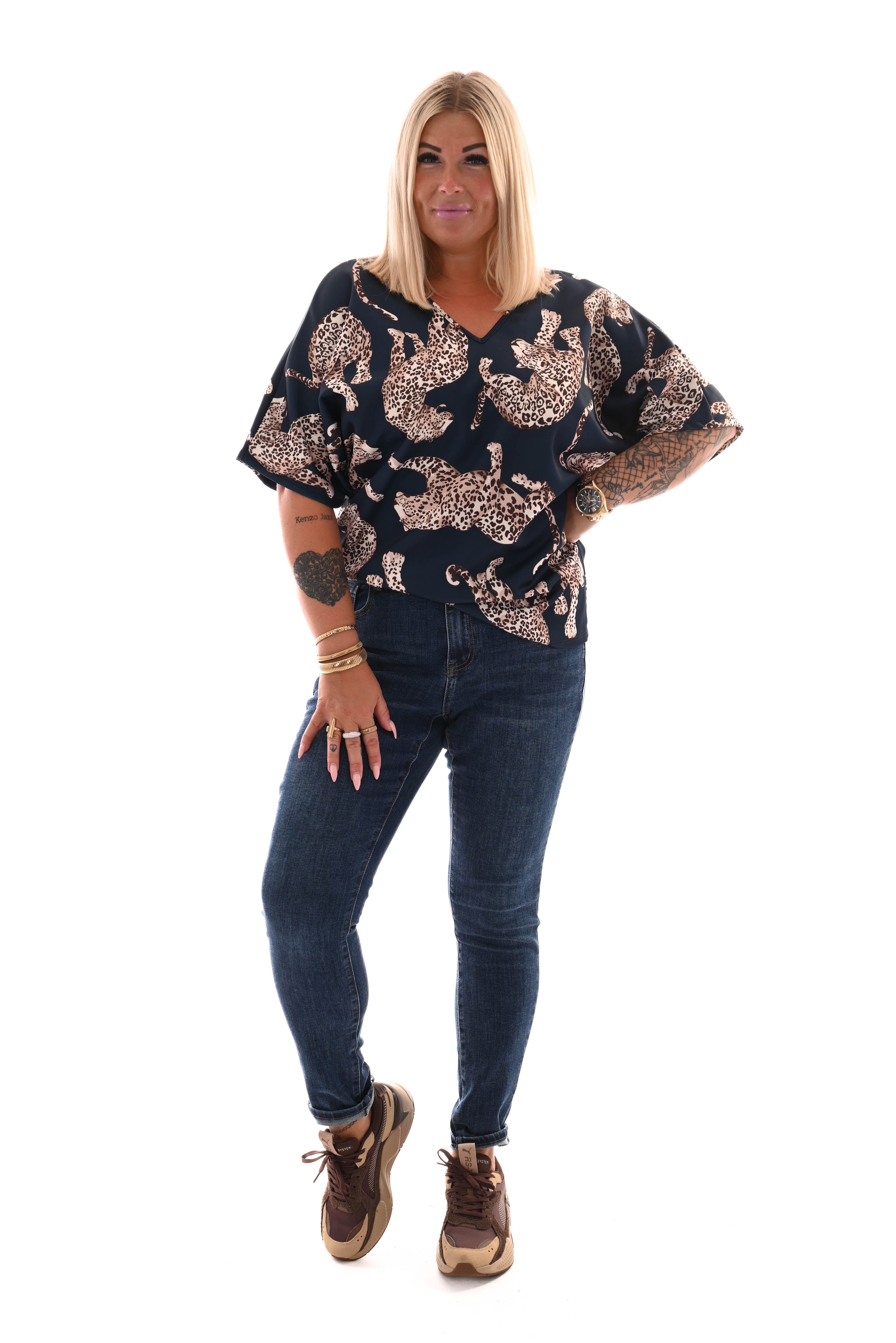 Top panter met strik op rug marineblauw