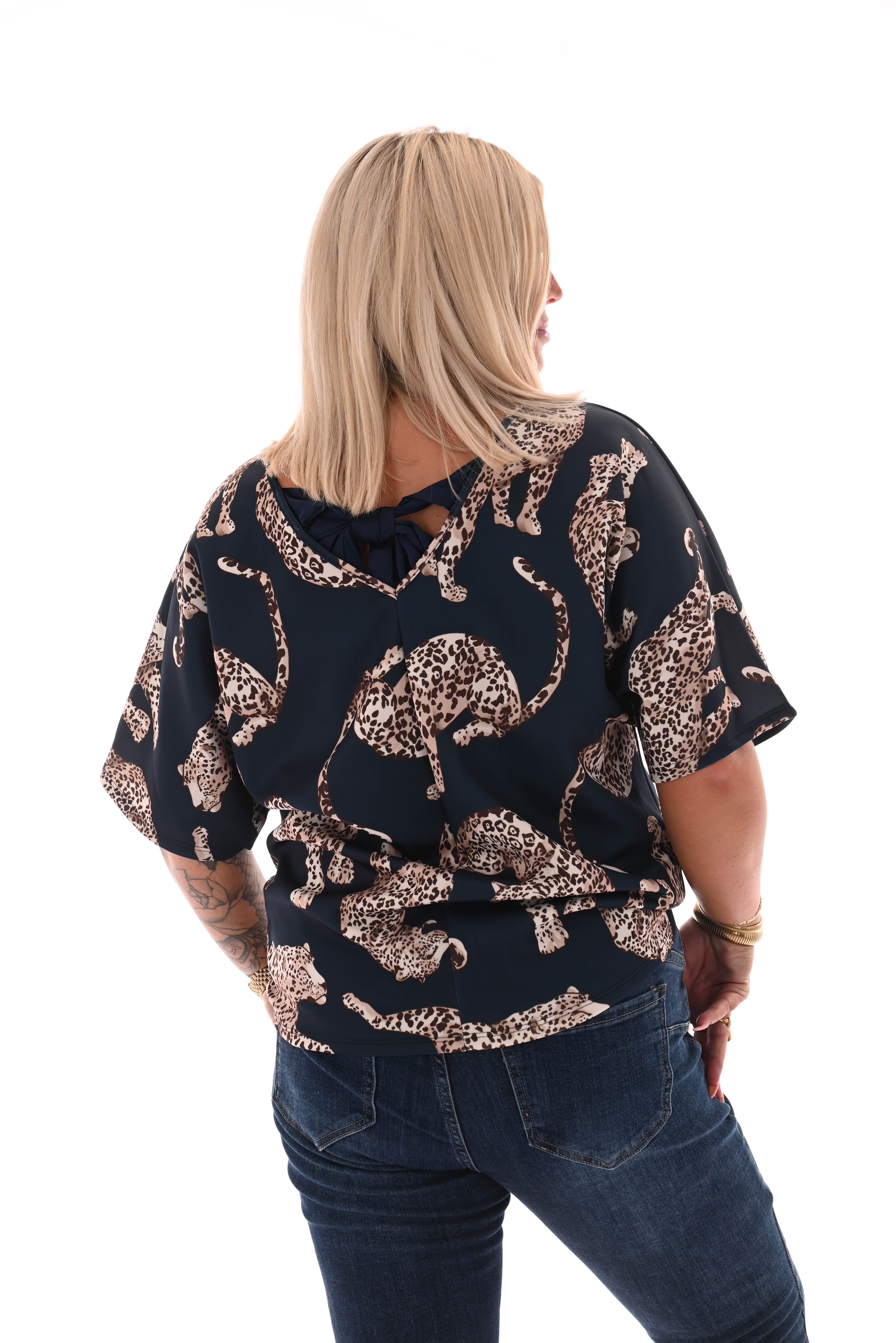 Top panter met strik op rug marineblauw