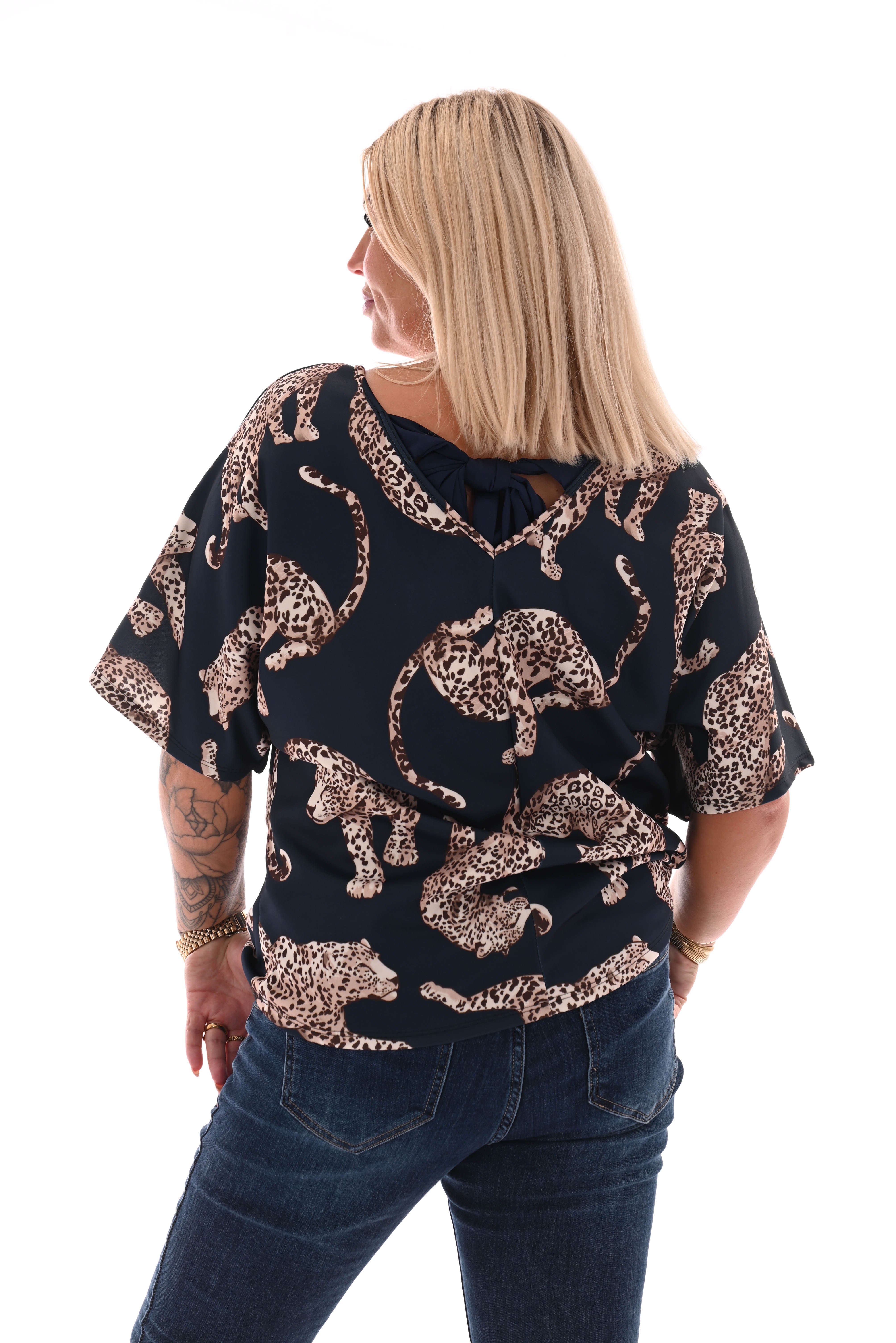 Top panter met strik op rug marineblauw