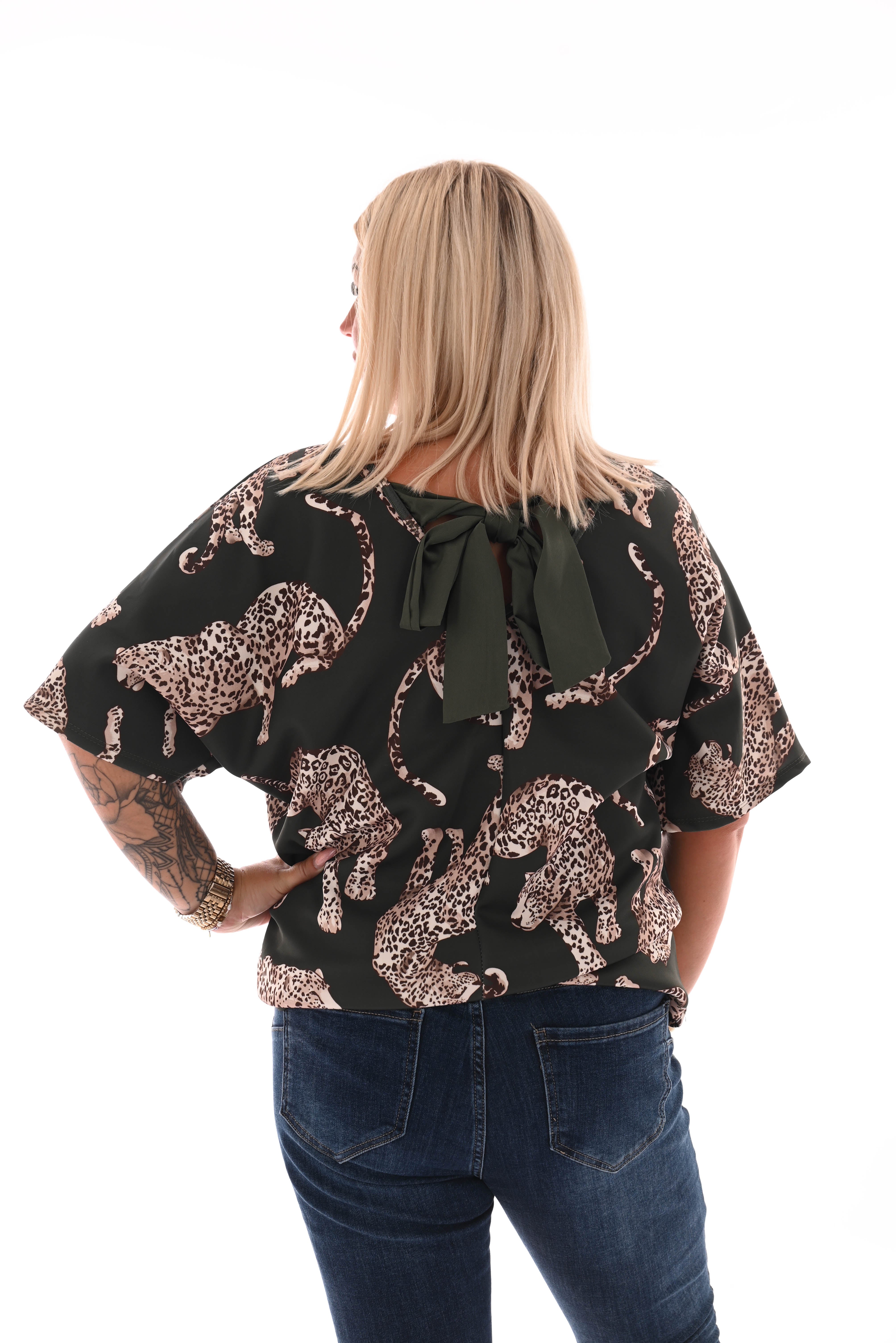 Top panter met strik op rug legergroen