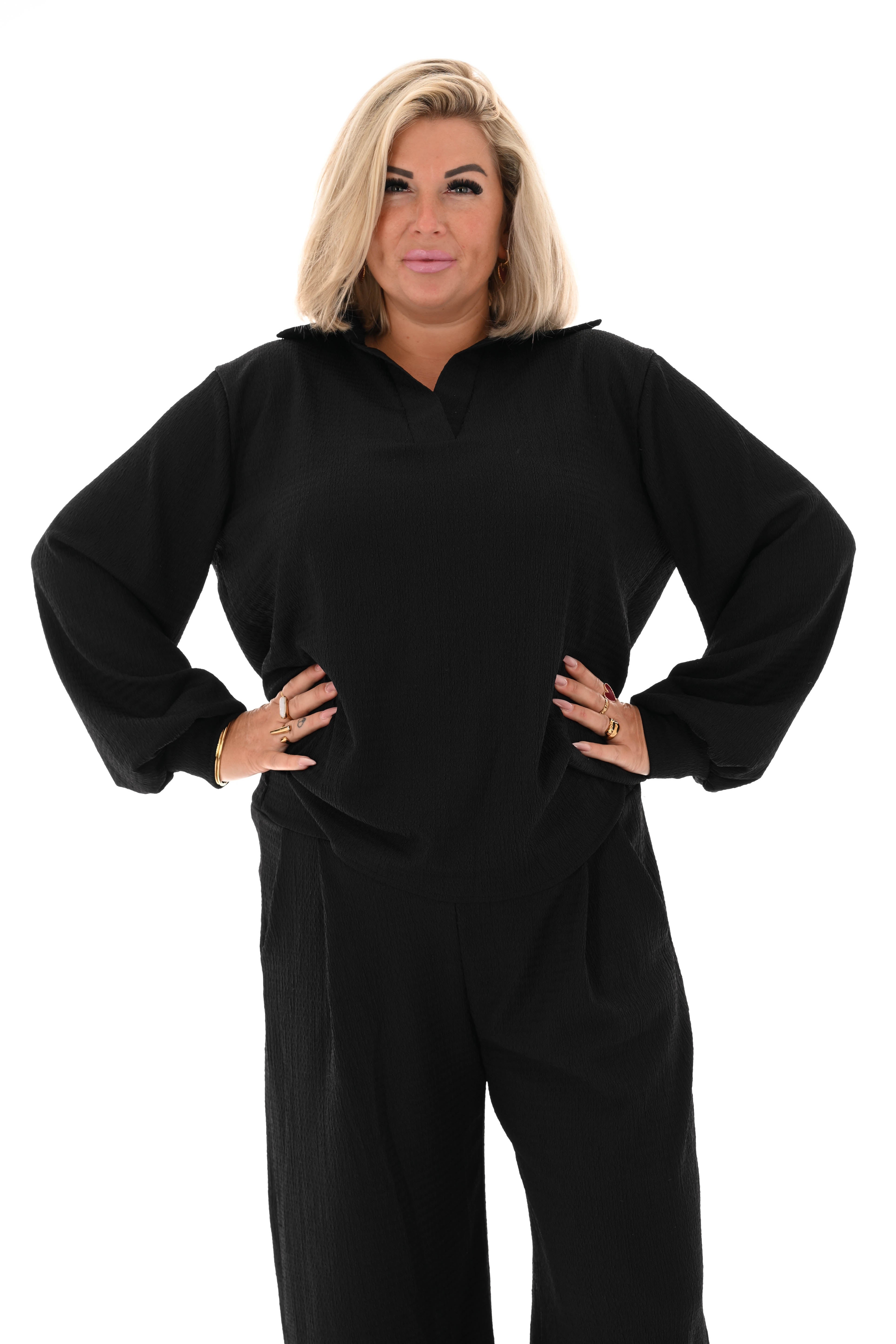 Tweedelig crepe pak v-hals met kraag zwart