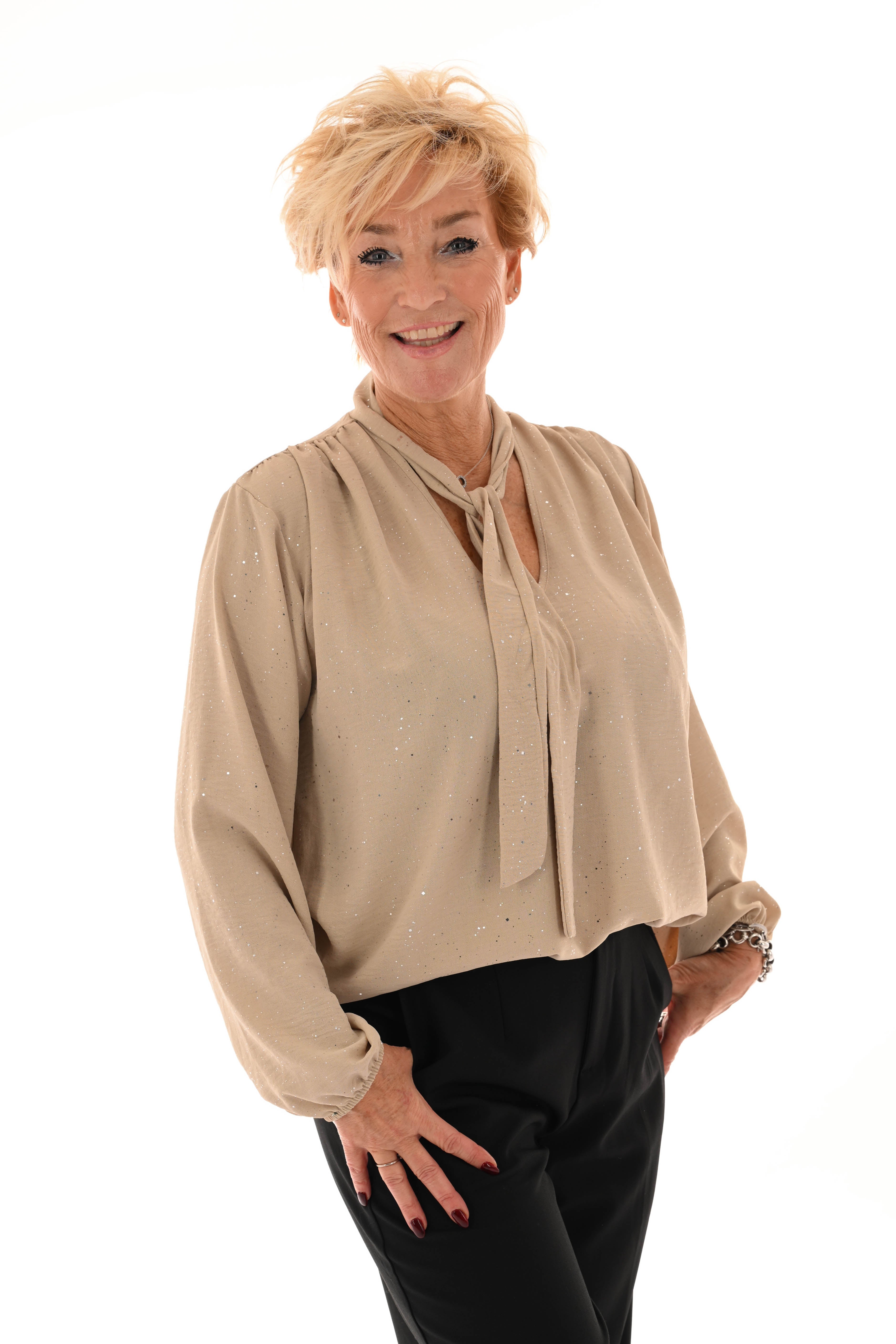 Blouse met strik glitter beige
